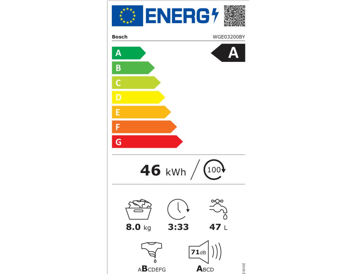 Πλυντήριο ρούχων BOSCH, 8 kg, 1200 rpm WGE03200BY