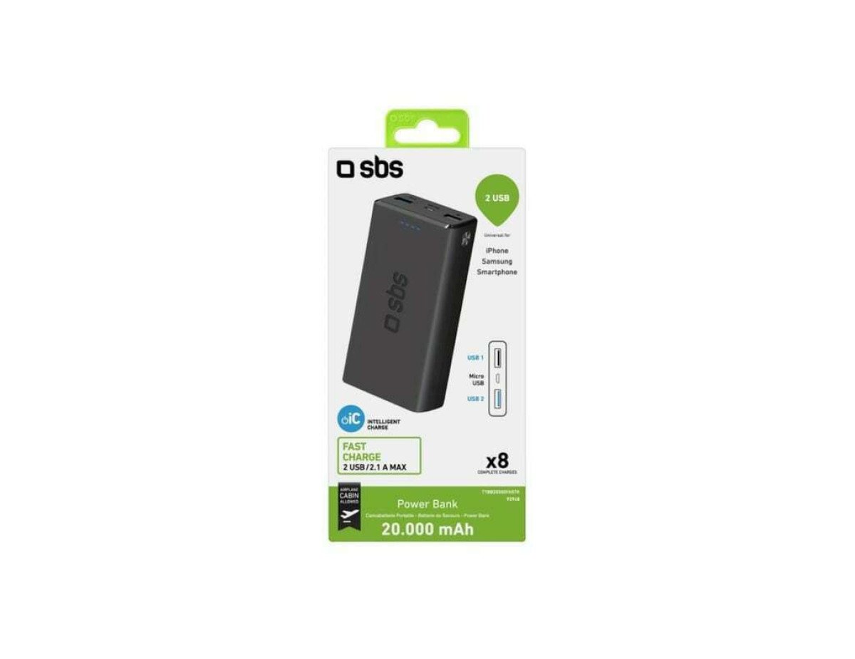 SBS Fast Power Bank 20000mAh με 2 Θύρες USB-A Μαύρο