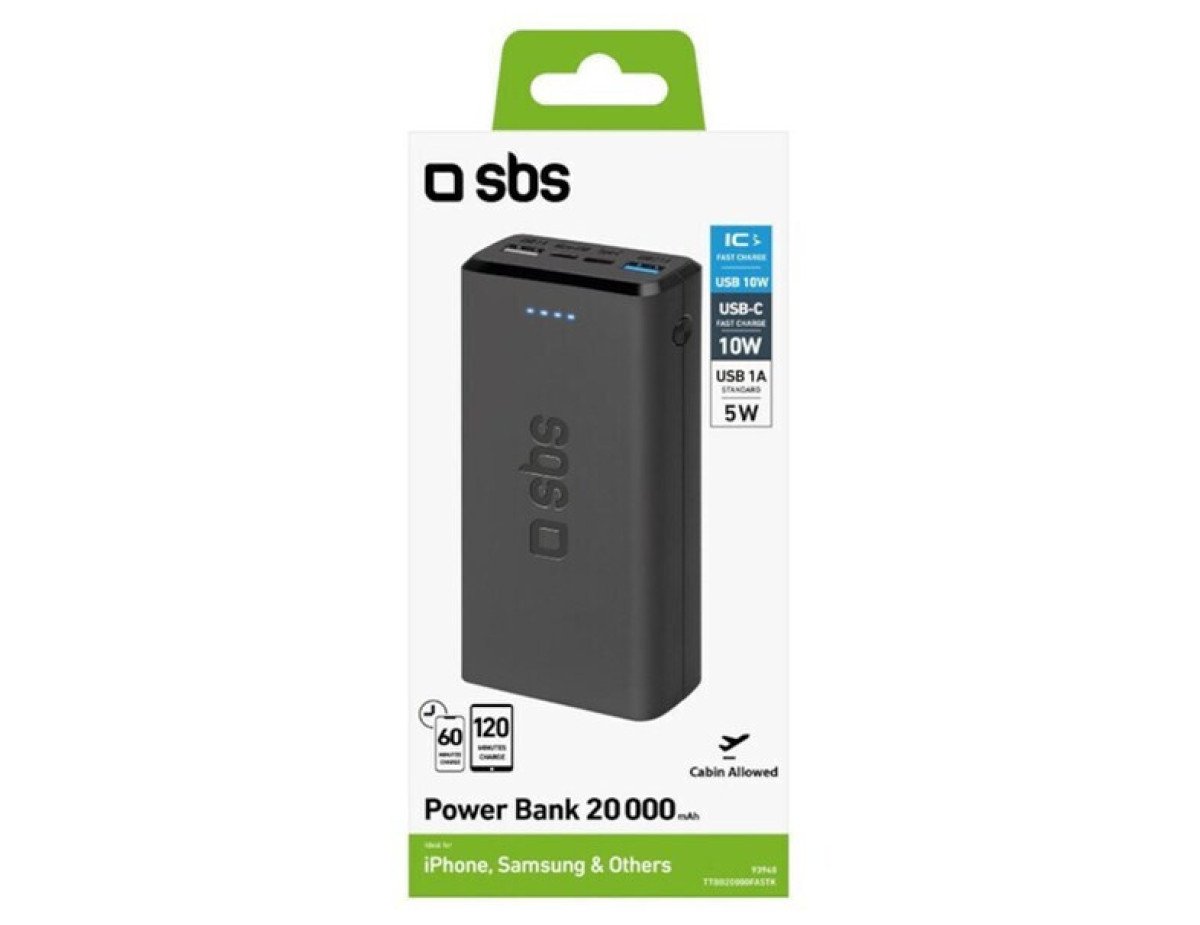 SBS Fast Power Bank 20000mAh με 2 Θύρες USB-A Μαύρο