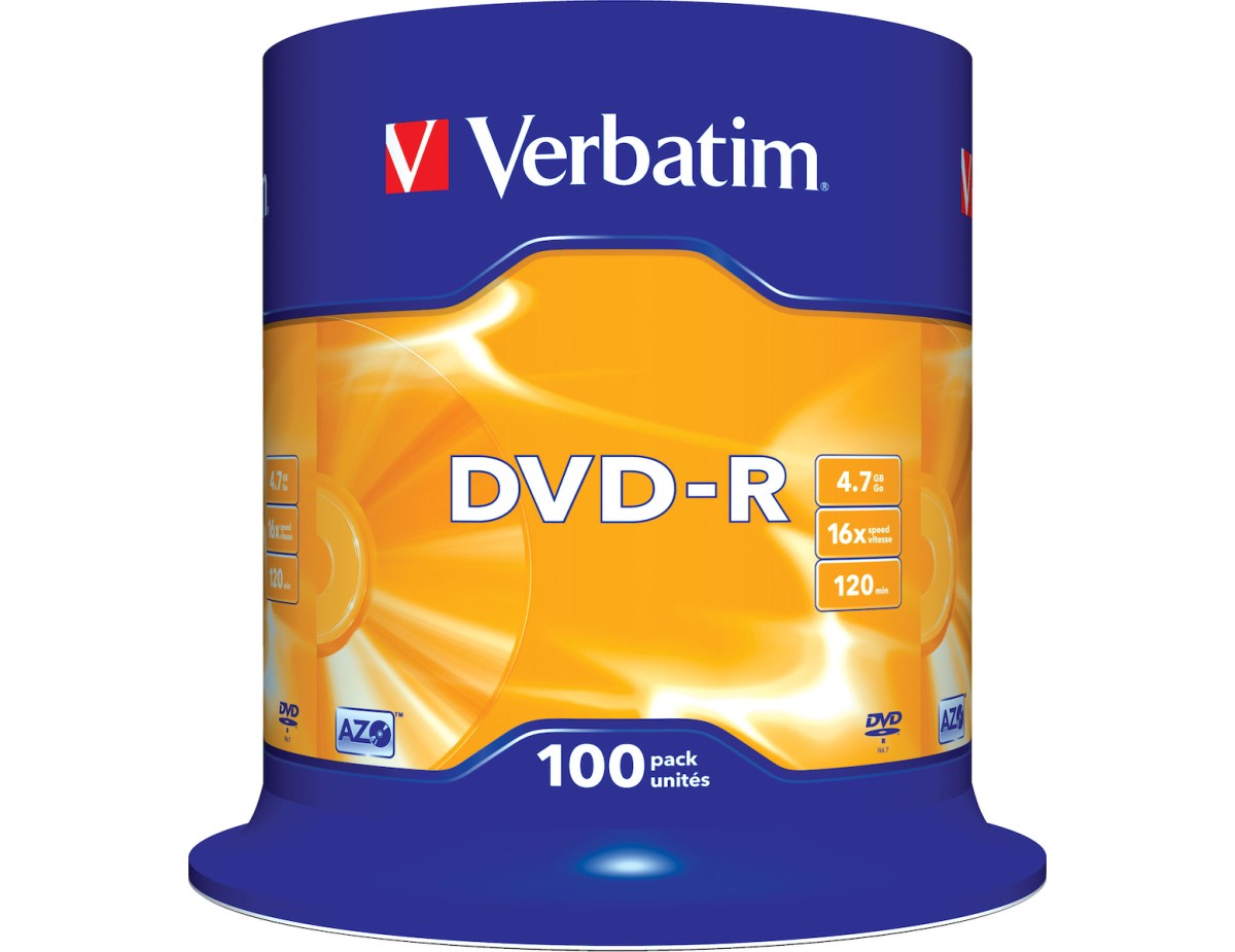 1x100 Verbatim DVD-R 4,7GB 16x Speed, matt silver