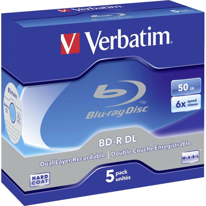 1x5 Verbatim BD-R Blu-Ray 50GB 6x Speed, white blue Jewel Case