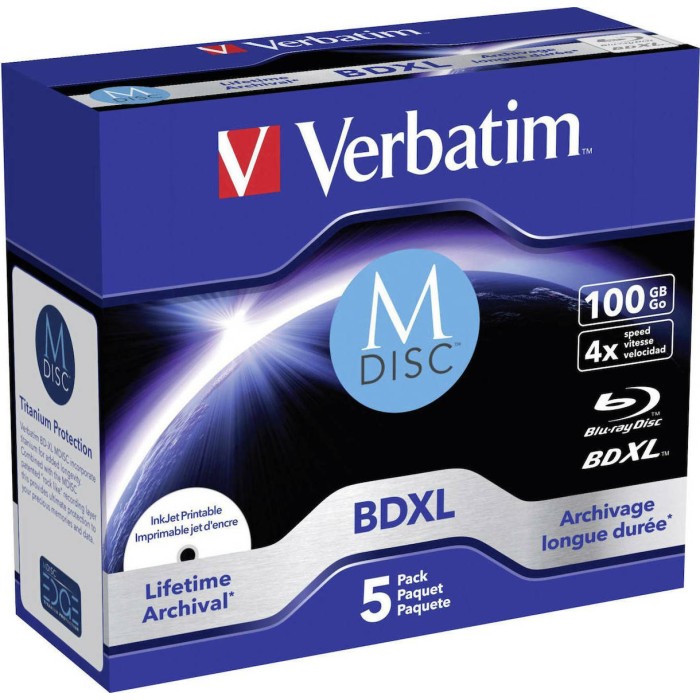 1x5 Verbatim M-Disc BD-R Blu-Ray 100GB 4x Speed inkjet print. JC 1x5 Verbatim M-Disc BD-R Blu-Ray 100GB 4x Speed inkjet print. JC