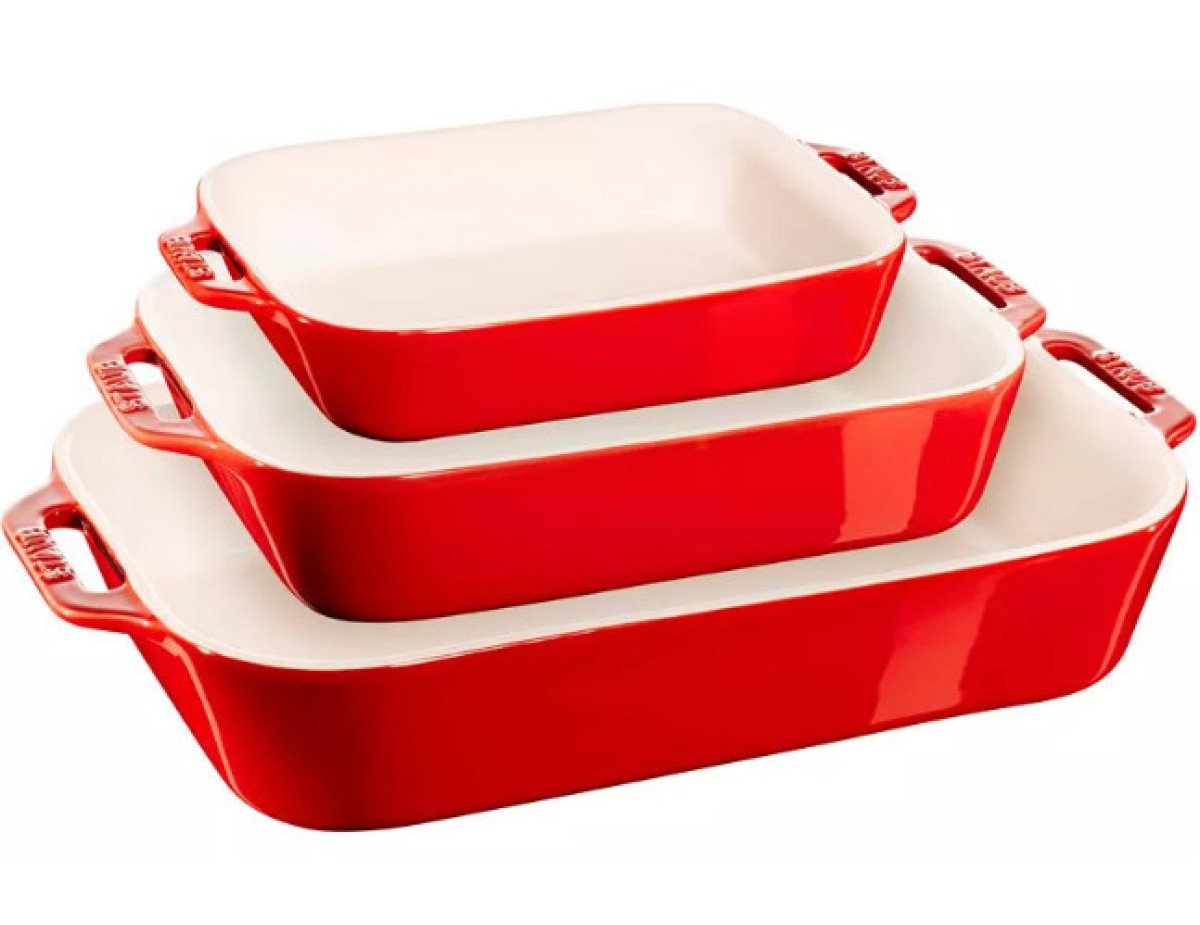 Staub 3-Piece Rectangular Ceramic Bakeware Set, Cherry Red