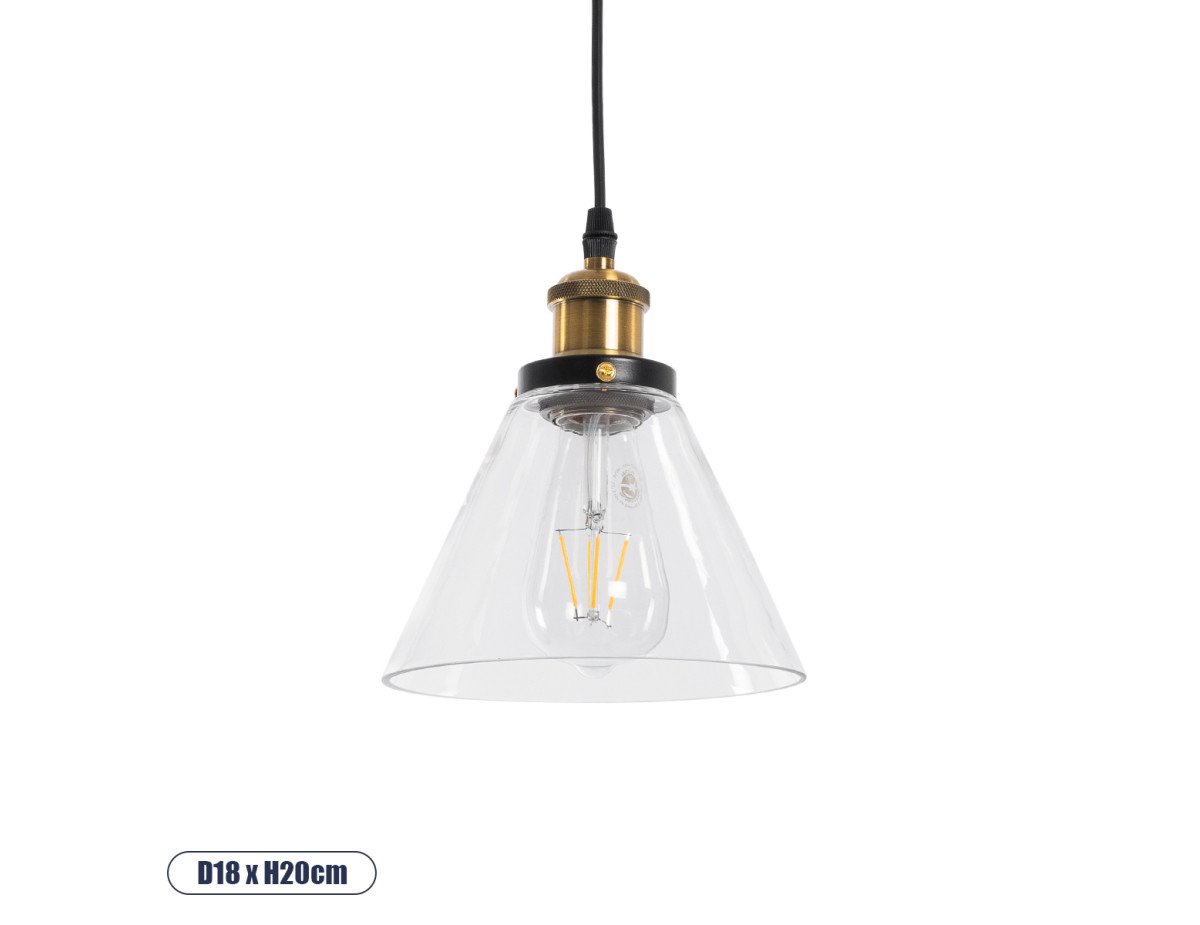 GloboStar® CONE 01169 Vintage Κρεμαστό Φωτιστικό Οροφής Μονόφωτο 1 x E27 Γυάλινο Καμπάνα Φ18 x Y20cm