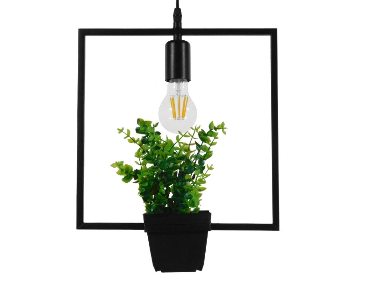 GloboStar® FLOWERPOT 10001211 Μοντέρνο Κρεμαστό Φωτιστικό Οροφής Μονόφωτο 1 x E27 Μαύρο Μεταλλικό με Διακοσμητικό Φυτό Φ30 x Y30cm