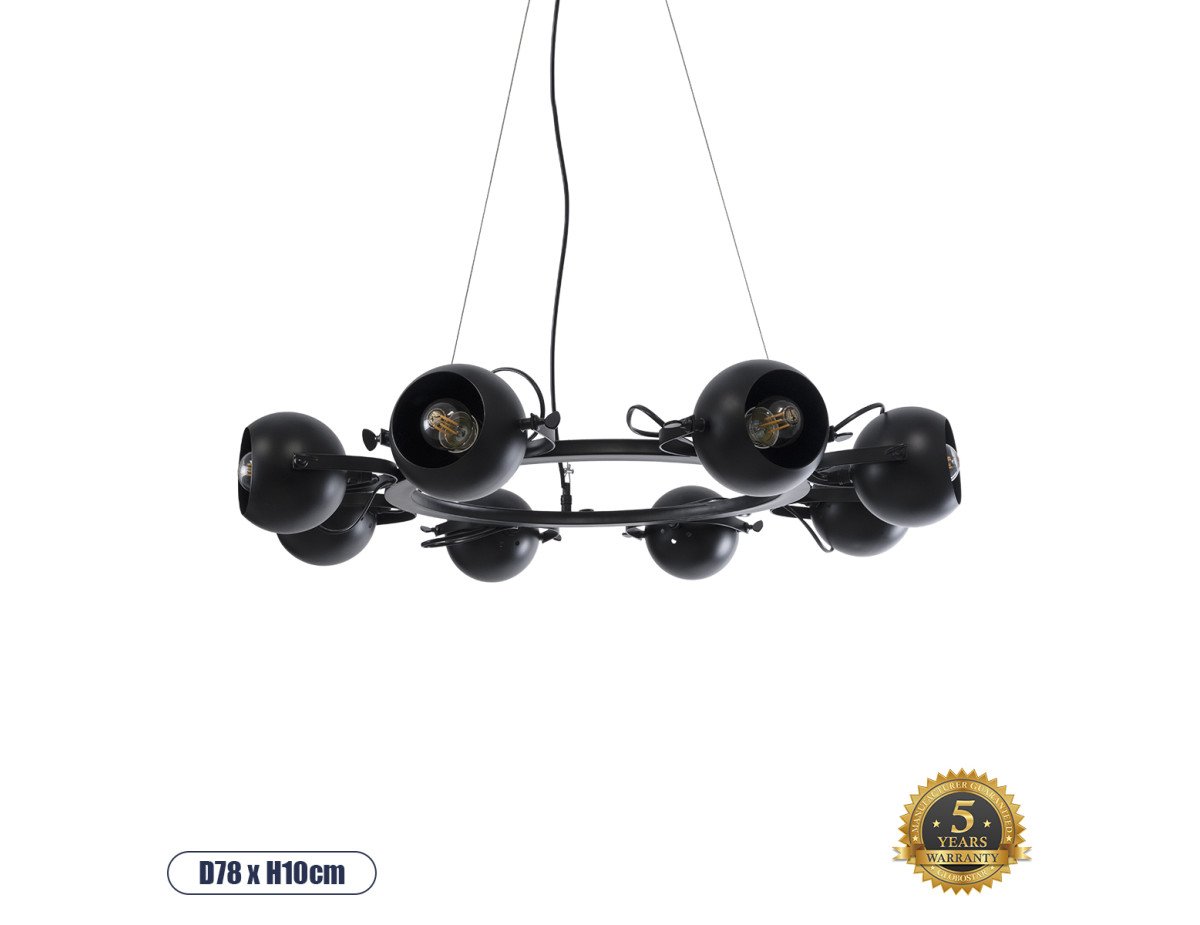 GloboStar® LINNYA 01219 Μοντέρνο Industrial Κρεμαστό Φωτιστικό Οροφής Πολύφωτο Μαύρο Μεταλλικό Πολυέλαιος με Κινούμενα Σποτ Φ66 x Y10cm