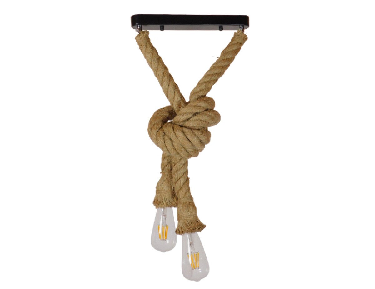 GloboStar® ROPE 01279 Vintage Industrial Κρεμαστό Φωτιστικό Οροφής Δίφωτο 2 x E27 με 1 μέτρο Μπεζ Σχοινί Φ3.5 x Y100cm