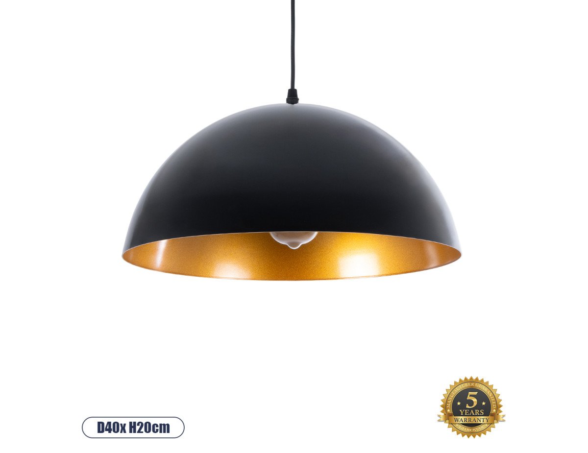 GloboStar® CIEL 01341 Μοντέρνο Κρεμαστό Φωτιστικό Οροφής Μονόφωτο Μαύρο - Χρυσό Μεταλλικό Καμπάνα Φ40 x Υ20cm