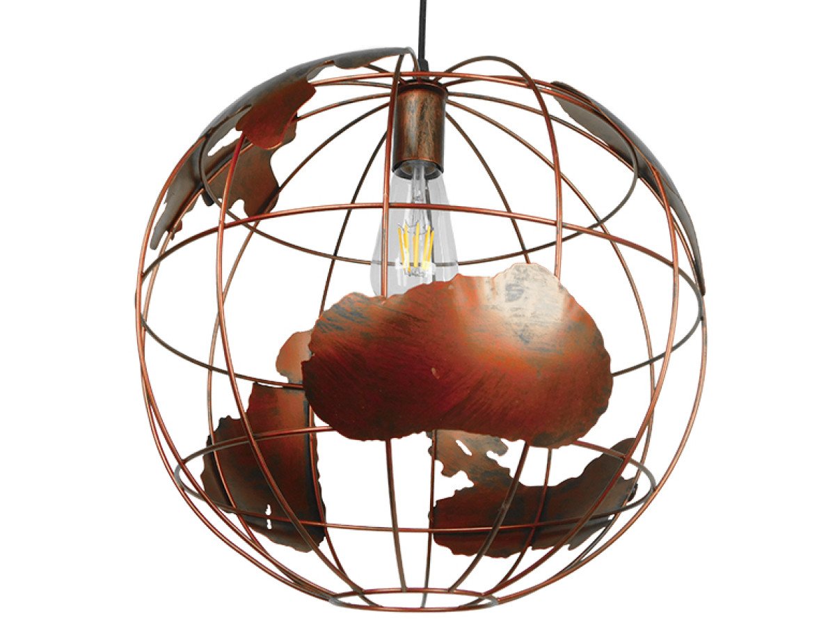 GloboStar® EARTH 01665 Vintage Industrial Κρεμαστό Φωτιστικό Οροφής Μονόφωτο 1 x E27 Καφέ Σκουριά Μεταλλικό Πλέγμα Φ40 x Υ40cm