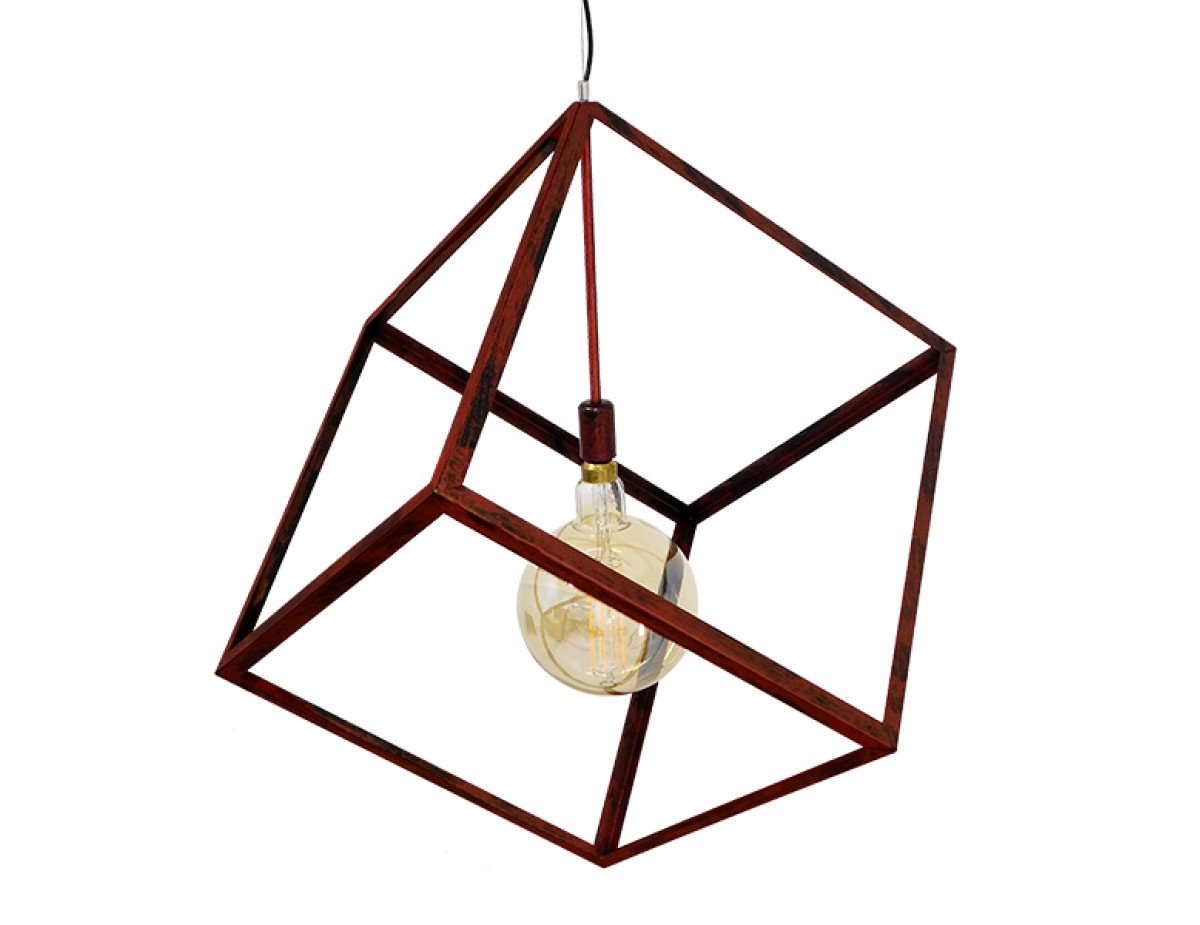 GloboStar® CUBE 01673 Μοντέρνο Κρεμαστό Φωτιστικό Οροφής Μονόφωτο 1 x E27 Καφέ Σκουριά Μεταλλικό Πλέγμα Μ70 x Π70 x Υ87cm