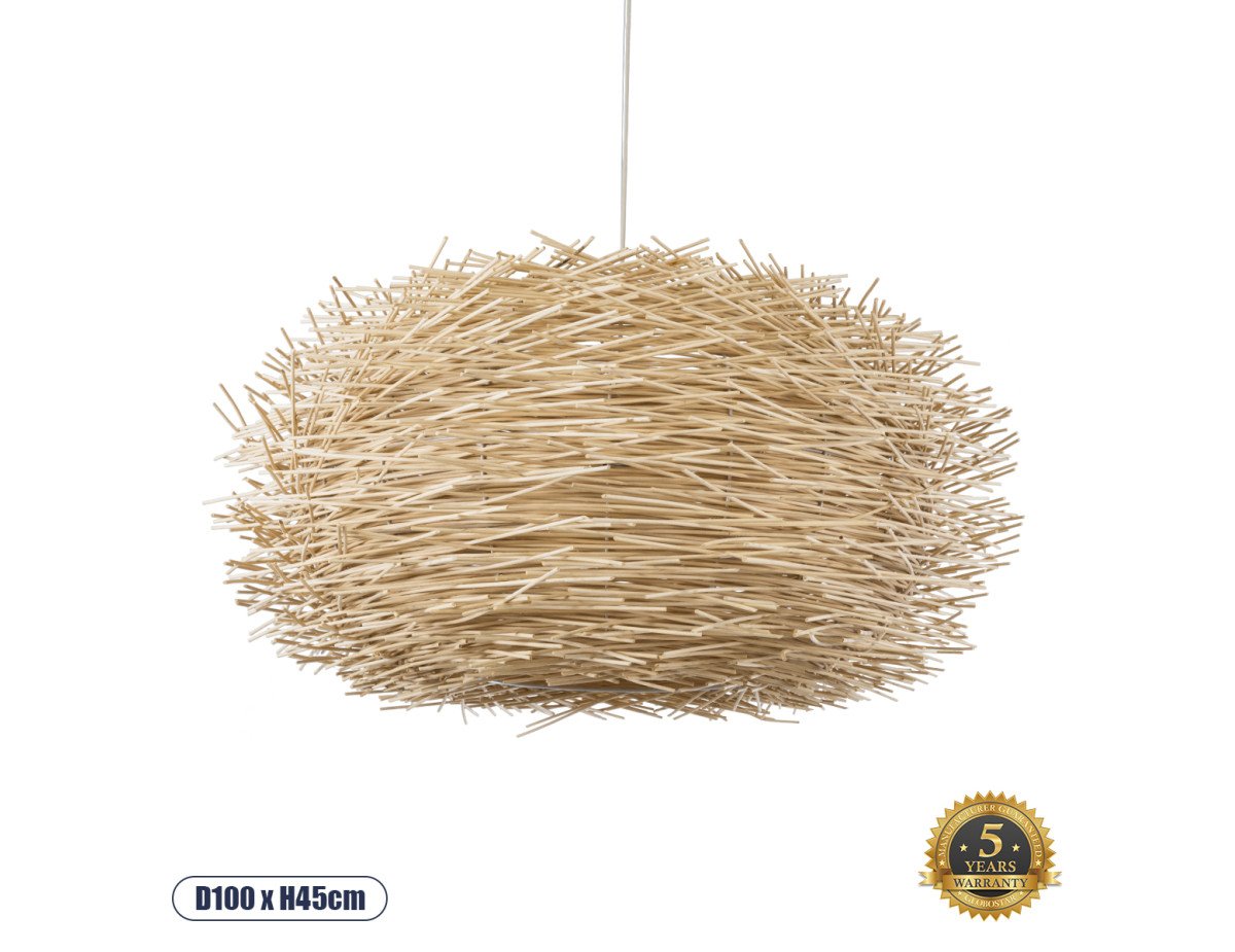 GloboStar® MINORCA 01786 Boho Κρεμαστό Φωτιστικό Οροφής Μονόφωτο 1 x E27 AC220-240V IP20 - Φ100 x Υ45cm - Μπεζ Ξύλινο Πλέγμα - 5 Χρόνια Εγγύηση