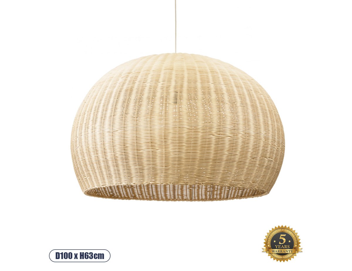 GloboStar® RAITO 01826 Boho Κρεμαστό Φωτιστικό Οροφής Μονόφωτο 1 x E27 AC220-240V IP20 - Φ100 x Υ63cm - Μπεζ Ξύλινο Μπαμπού Πλέγμα Καμπάνα - 5 Χρόνια Εγγύηση