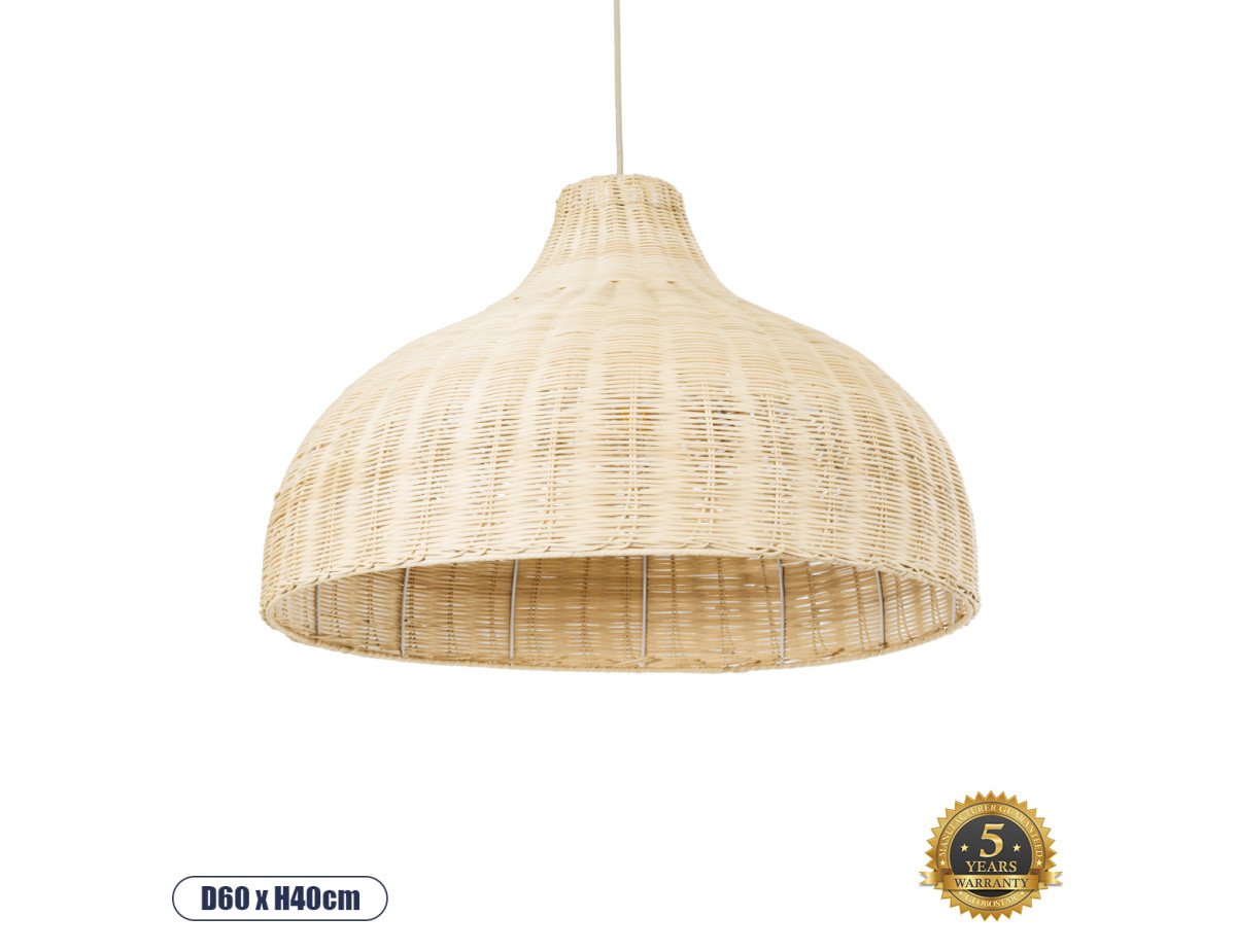 GloboStar® AFURU 01828 Boho Κρεμαστό Φωτιστικό Οροφής Μονόφωτο 1 x E27 AC220-240V IP20 - Φ60 x Υ40cm - Μπεζ Ξύλινο Μπαμπού Πλέγμα Καμπάνα - 5 Χρόνια Εγγύηση