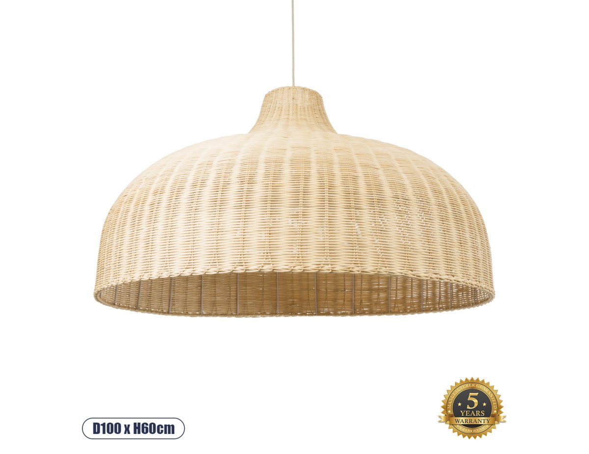 GloboStar® AFURU 01829 Boho Κρεμαστό Φωτιστικό Οροφής Μονόφωτο 1 x E27 AC220-240V IP20 - Φ100 x Υ60cm - Μπεζ Ξύλινο Μπαμπού Πλέγμα Καμπάνα - 5 Χρόνια Εγγύηση