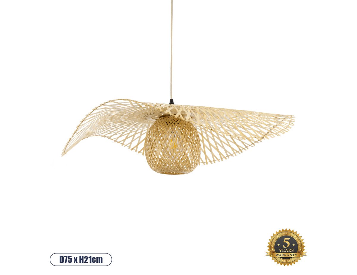 GloboStar® CINNABAR 01837 Boho Κρεμαστό Φωτιστικό Οροφής Μονόφωτο 1 x E27 AC220-240V IP20 - Φ75 x Υ21cm - Μπεζ Ξύλινο Μπαμπού Πλέγμα - 5 Χρόνια Εγγύηση