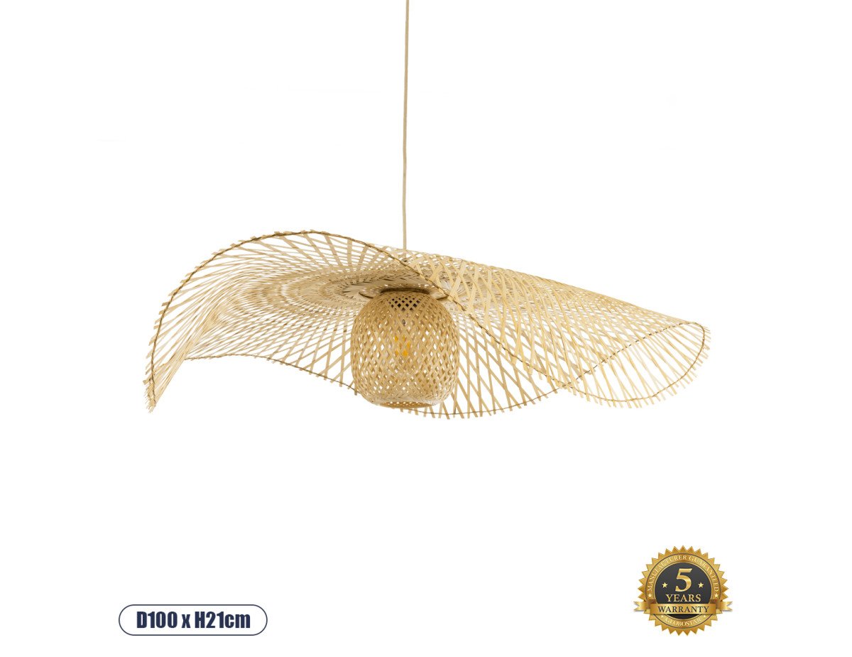 GloboStar® CINNABAR 01838 Boho Κρεμαστό Φωτιστικό Οροφής Μονόφωτο 1 x E27 AC220-240V IP20 - Φ100 x Υ21cm - Μπεζ Ξύλινο Μπαμπού Πλέγμα - 5 Χρόνια Εγγύηση