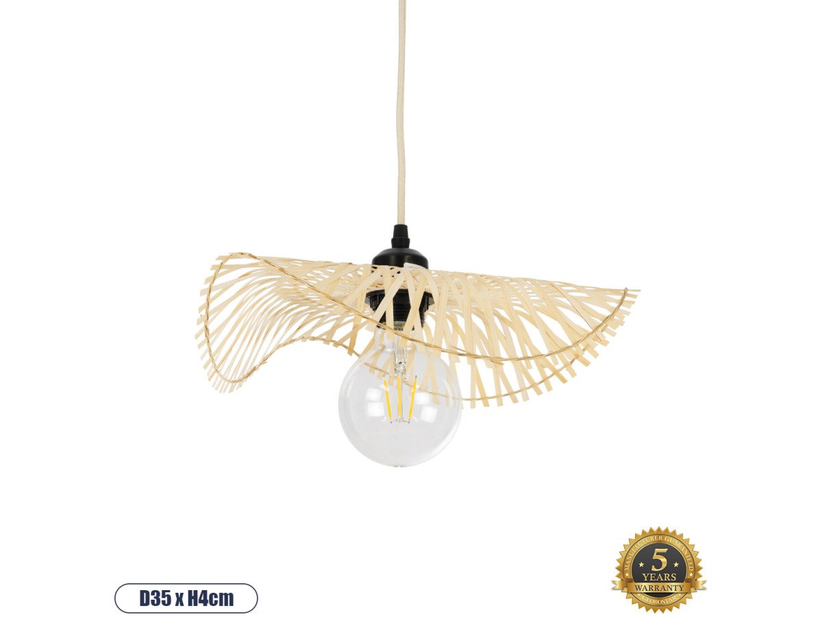 GloboStar® MELEMELE 01839 Boho Κρεμαστό Φωτιστικό Οροφής Μονόφωτο 1 x E27 AC220-240V IP20 - Φ35 x Υ4cm - Μπεζ Ξύλινο Μπαμπού Πλέγμα - 5 Χρόνια Εγγύηση