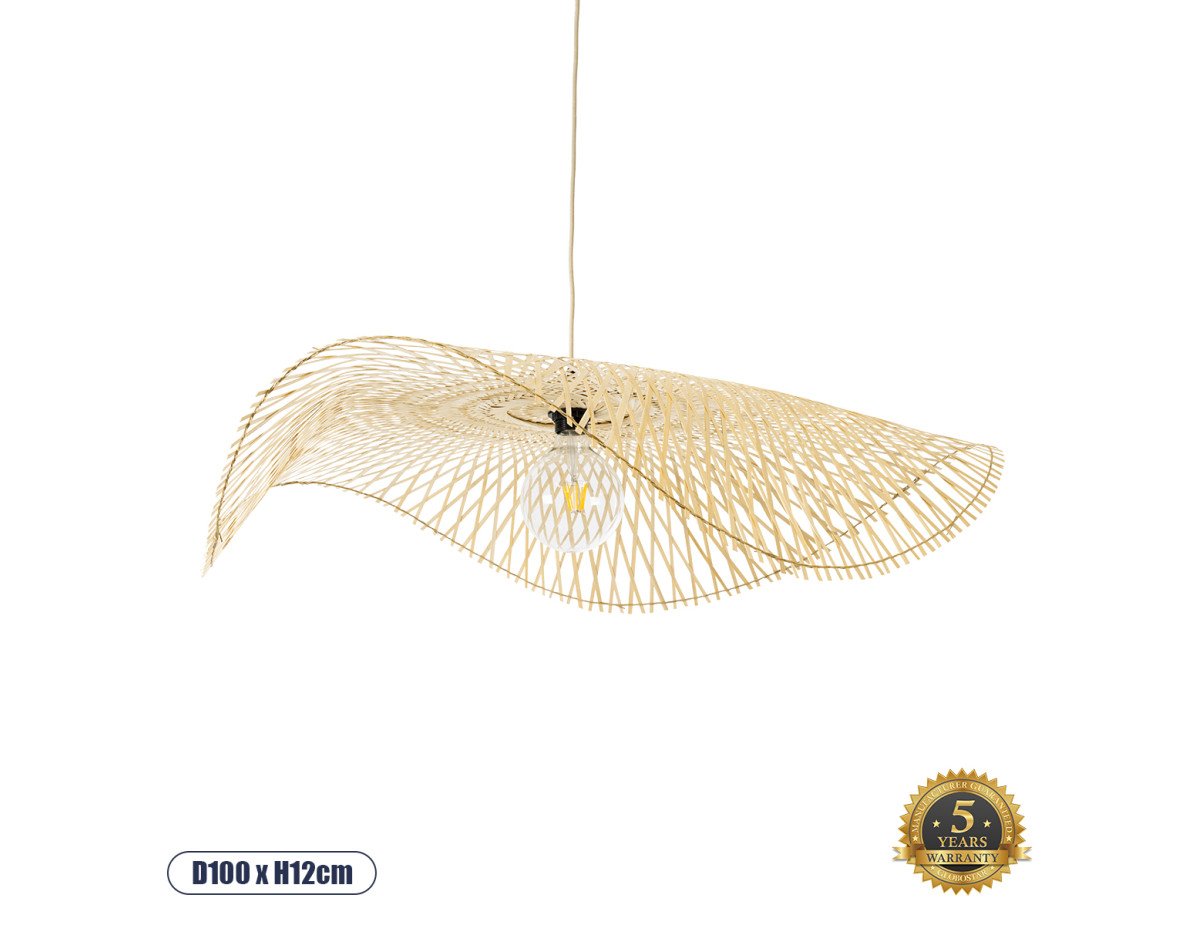 GloboStar® MELEMELE 01842 Boho Κρεμαστό Φωτιστικό Οροφής Μονόφωτο 1 x E27 AC220-240V IP20 - Φ100 x Υ12cm - Μπεζ Ξύλινο Μπαμπού Πλέγμα - 5 Χρόνια Εγγύηση