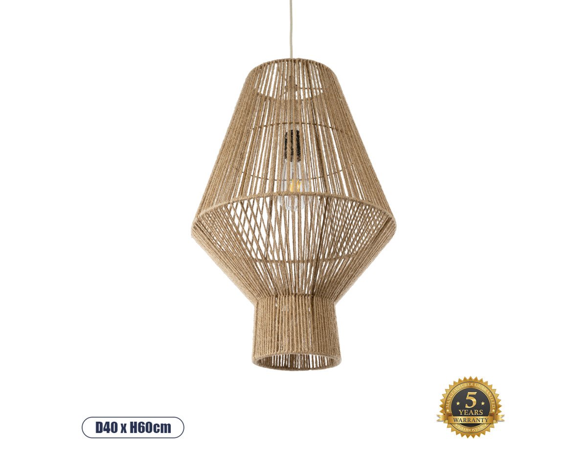 GloboStar® CAYMAN 01853 Boho Κρεμαστό Φωτιστικό Οροφής Μονόφωτο 1 x E27 AC220-240V IP20 - Φ40 x Υ60cm - Μπεζ Λεπτό Σχοινί Τριχιά Πλέγμα - 5 Χρόνια Εγγύηση