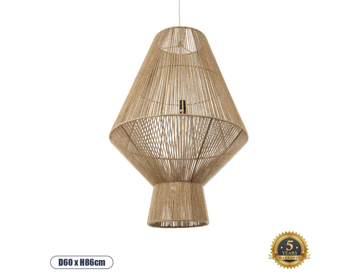 GloboStar® CAYMAN 01854 Boho Κρεμαστό Φωτιστικό Οροφής Μονόφωτο 1 x E27 AC220-240V IP20 - Φ60 x Υ86cm - Μπεζ Λεπτό Σχοινί Τριχιά Πλέγμα - 5 Χρόνια Εγγύηση