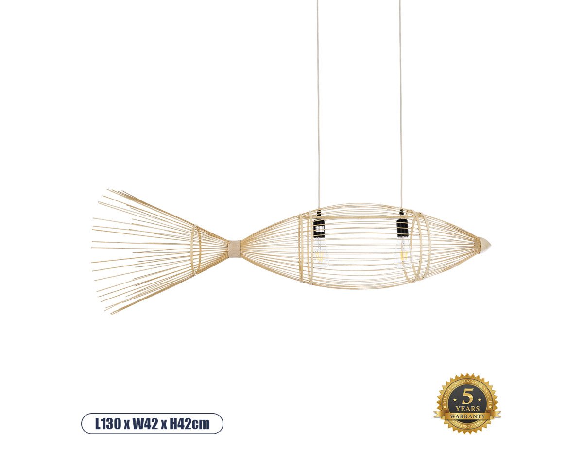 GloboStar® FISH 01927 Μοντέρνο Κρεμαστό Φωτιστικό Οροφής  2 x E27 AC 220-240V IP20 - Μ130 x Π42 x Υ42cm - Μπεζ Ξύλινο Πλέγμα