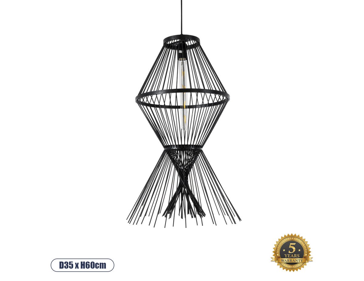 GloboStar® YOSHI 01929 Boho Κρεμαστό Φωτιστικό Οροφής Μονόφωτο 1 x E27 AC220-240V IP20 - Φ35 x Υ60cm - Μαύρο Ξύλινο Πλέγμα - 5 Χρόνια Εγγύηση