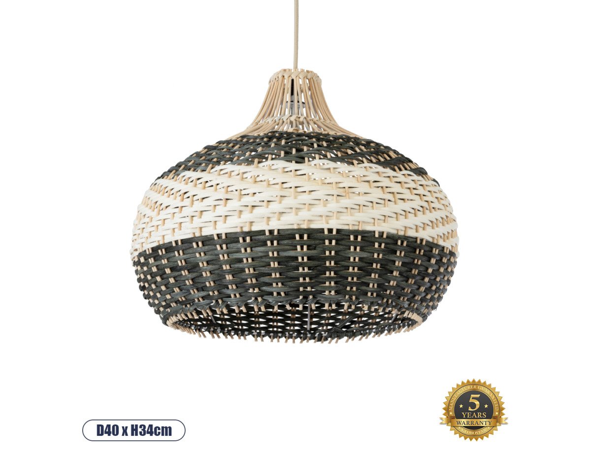 GloboStar® BARBADOS 01946 Boho Κρεμαστό Φωτιστικό Οροφής Μονόφωτο 1 x E27 AC220-240V IP20 - Φ40 x Υ34cm - Μπεζ με Χακί Ξύλινο Μπαμπού Πλέγμα Καμπάνα - 5 Χρόνια Εγγύηση