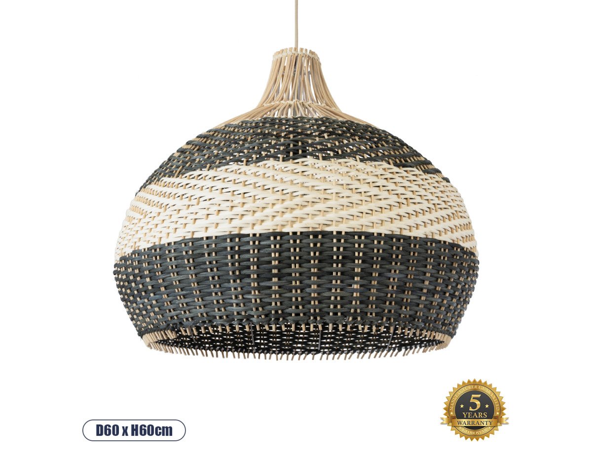 GloboStar® BARBADOS 01947 Boho Κρεμαστό Φωτιστικό Οροφής Μονόφωτο 1 x E27 AC220-240V IP20 - Φ60 x Υ60cm - Μπεζ με Χακί Ξύλινο Μπαμπού Πλέγμα Καμπάνα - 5 Χρόνια Εγγύηση