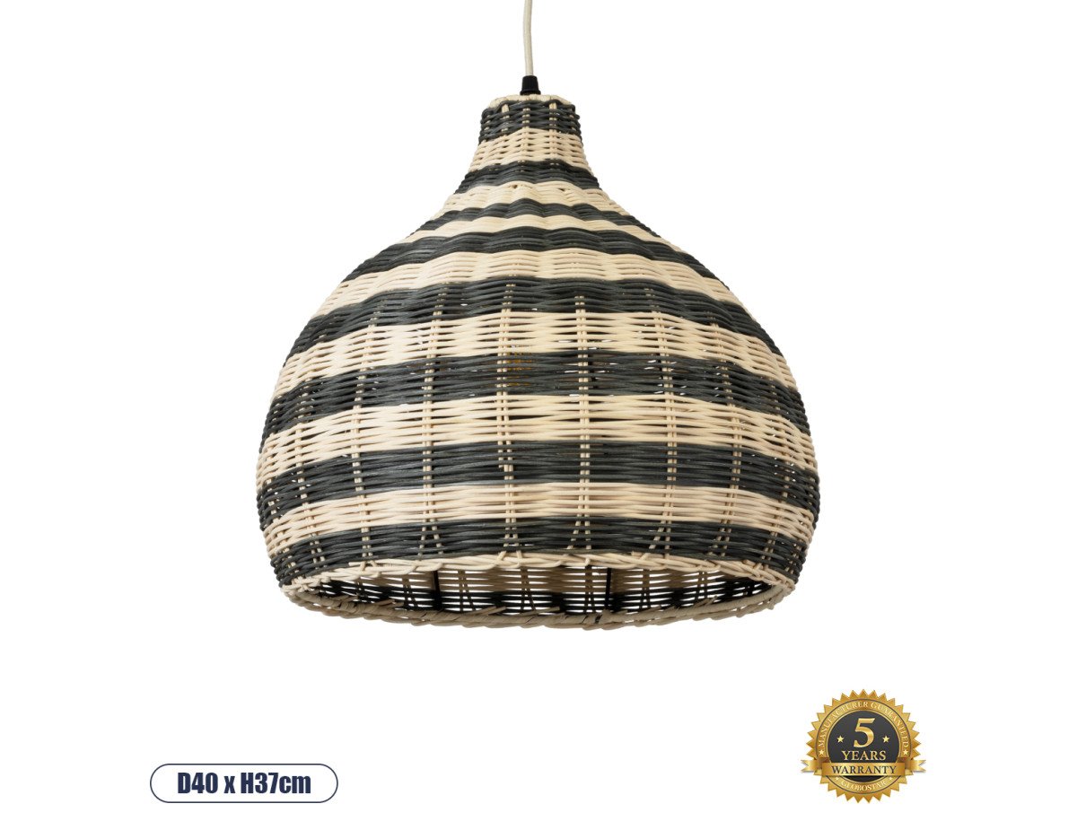 GloboStar® JAMAICA 01954 Boho Κρεμαστό Φωτιστικό Οροφής Μονόφωτο 1 x E27 AC220-240V IP20 - Φ40 x Υ37cm - Μπεζ με Χακί Ξύλινο Μπαμπού Πλέγμα Καμπάνα - 5 Χρόνια Εγγύηση