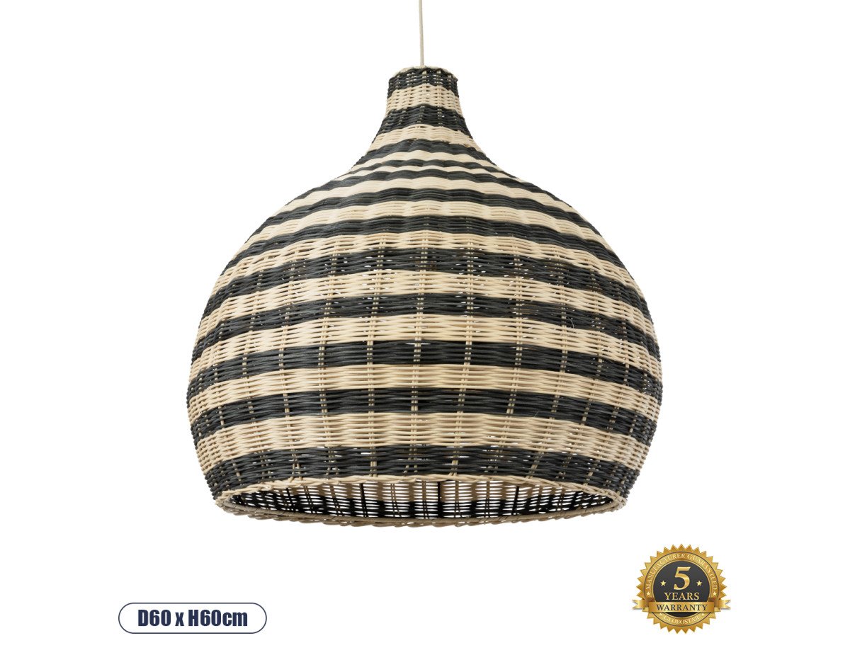 GloboStar® JAMAICA 01955 Boho Κρεμαστό Φωτιστικό Οροφής Μονόφωτο 1 x E27 AC220-240V IP20 - Φ60 x Υ60cm - Μπεζ με Χακί Ξύλινο Μπαμπού Πλέγμα Καμπάνα - 5 Χρόνια Εγγύηση