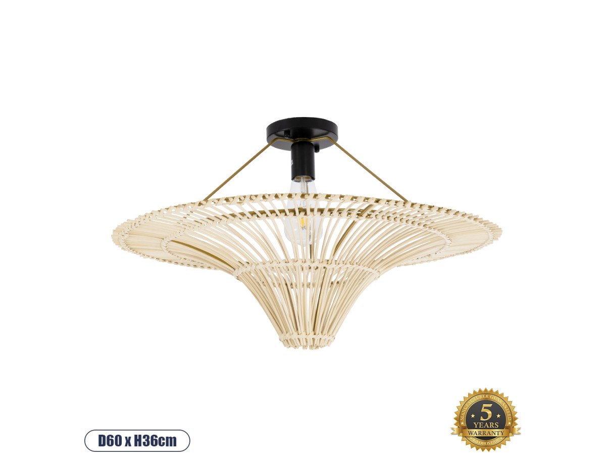 GloboStar® PALERMO 02152 Boho Φωτιστικό Οροφής Μονόφωτο 1 x E27 AC220-240V IP20 - Φ60 x Υ36cm - Μπεζ Ξύλινο Μπαμπού Πλέγμα - 5 Χρόνια Εγγύηση