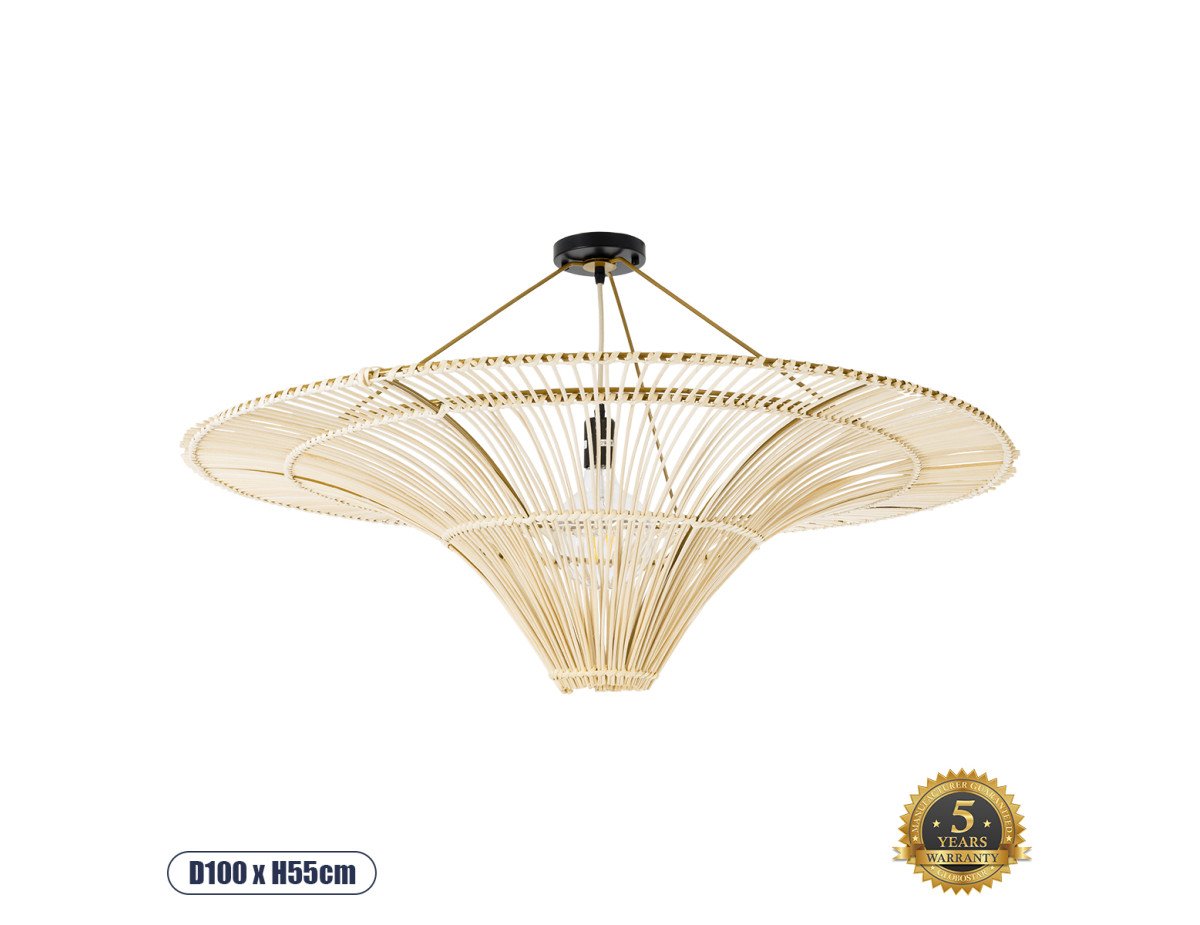 GloboStar® PALERMO 02153 Boho Φωτιστικό Οροφής Μονόφωτο 1 x E27 AC220-240V IP20 - Φ100 x Υ55cm - Μπεζ Ξύλινο Μπαμπού Πλέγμα - 5 Χρόνια Εγγύηση