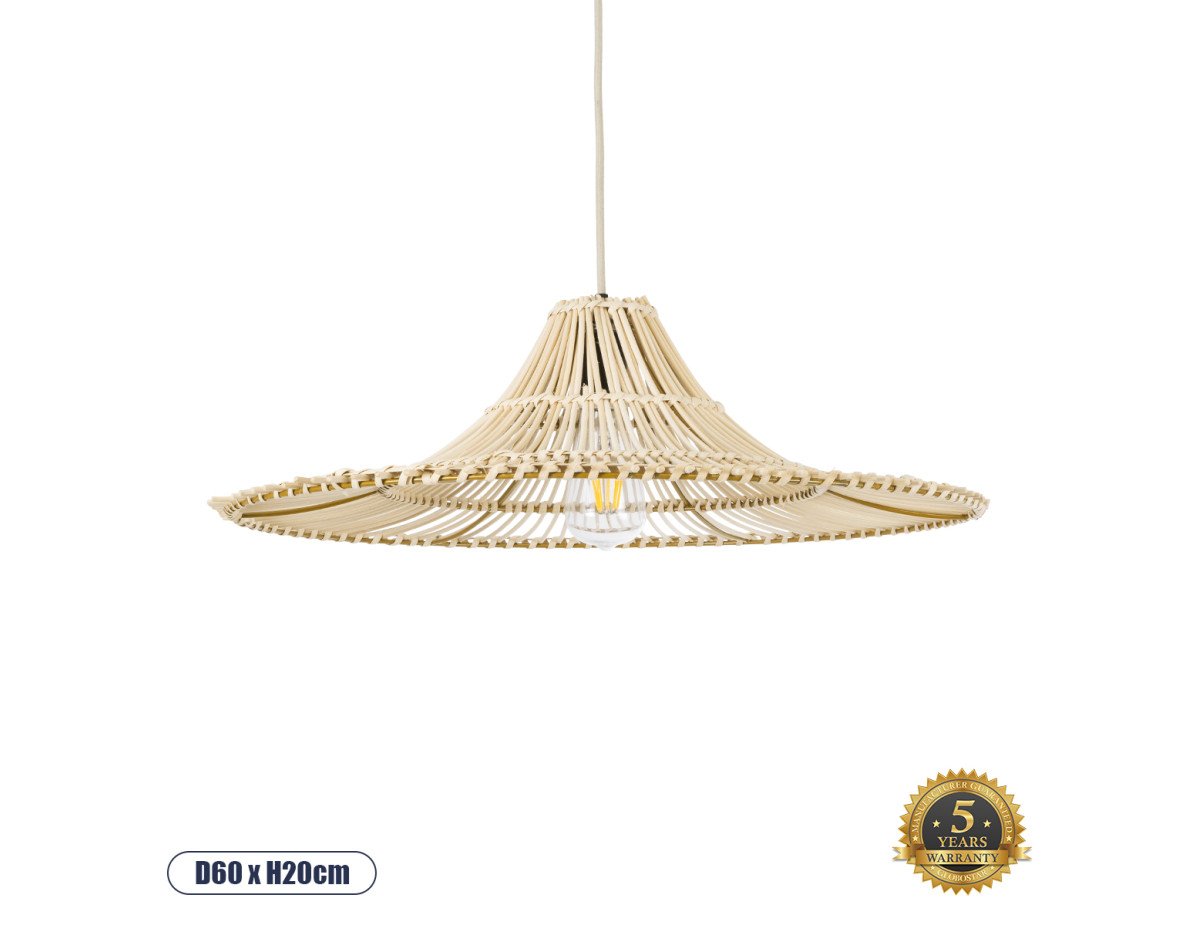 GloboStar® PALERMO 02208 Boho Κρεμαστό Φωτιστικό Οροφής Μονόφωτο 1 x E27 AC220-240V IP20 - Φ60 x Υ20cm - Μπεζ Ξύλινο Μπαμπού Πλέγμα - 5 Χρόνια Εγγύηση