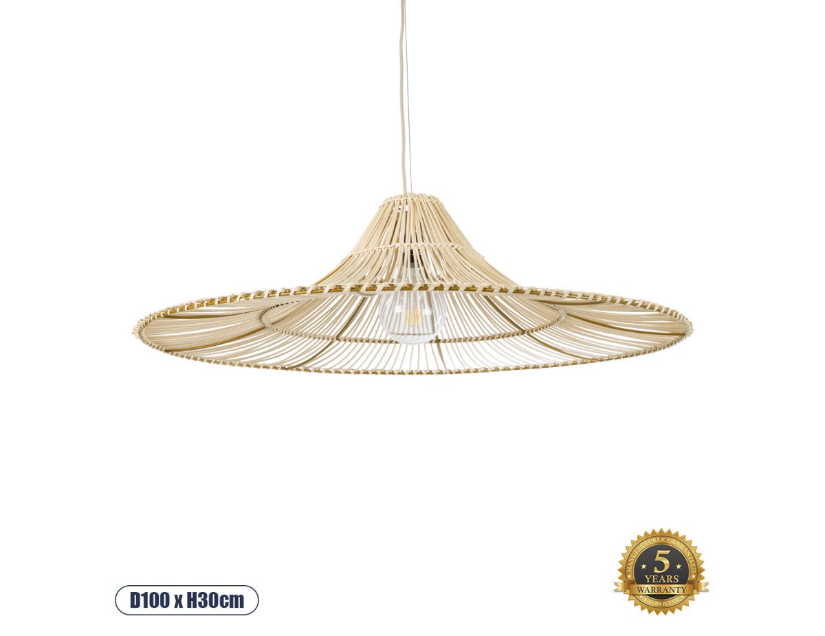 GloboStar® PALERMO 02209 Boho Κρεμαστό Φωτιστικό Οροφής Μονόφωτο 1 x E27 AC220-240V IP20 - Φ100 x Υ30cm - Μπεζ Ξύλινο Μπαμπού Πλέγμα - 5 Χρόνια Εγγύηση