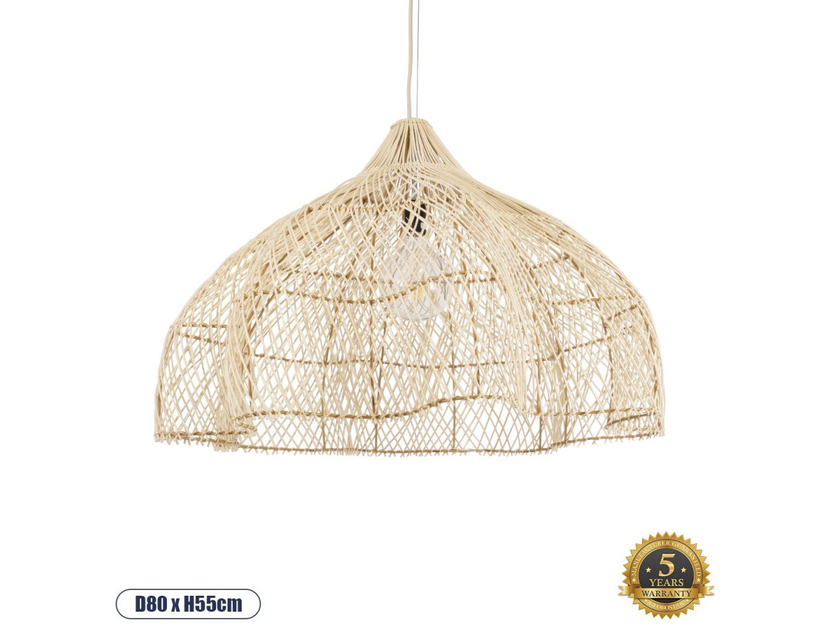 GloboStar® ADEJE 02211 Boho Κρεμαστό Φωτιστικό Οροφής Μονόφωτο 1 x E27 AC220-240V IP20 - Φ80 x Υ55cm - Μπεζ Ξύλινο Μπαμπού Πλέγμα Καμπάνα - 5 Χρόνια Εγγύηση