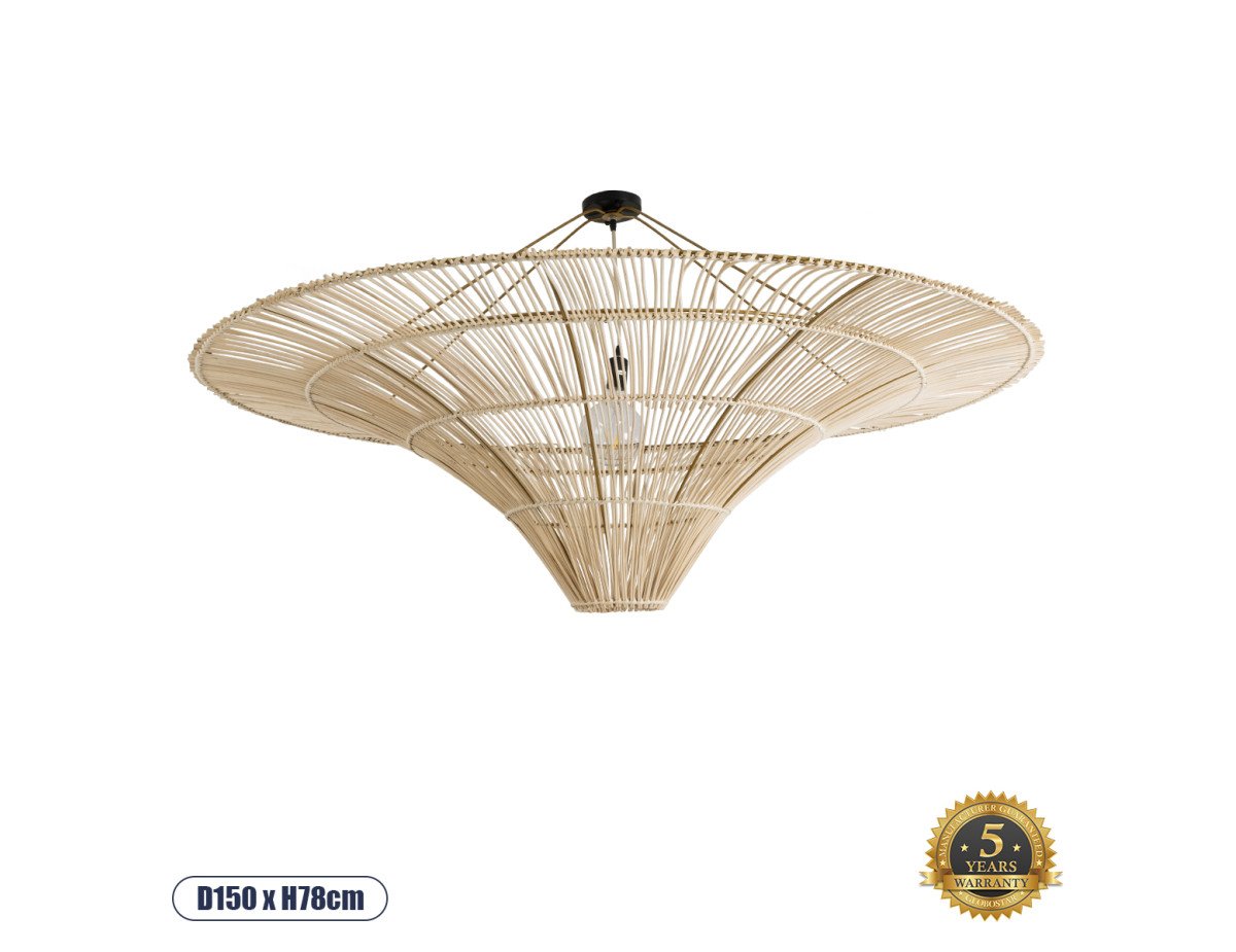 GloboStar® PALERMO 02309 Boho Φωτιστικό Οροφής Μονόφωτο 1 x E27 AC220-240V IP20 - Φ150 x Υ78cm - Μπεζ Ξύλινο Μπαμπού Πλέγμα - 5 Χρόνια Εγγύηση