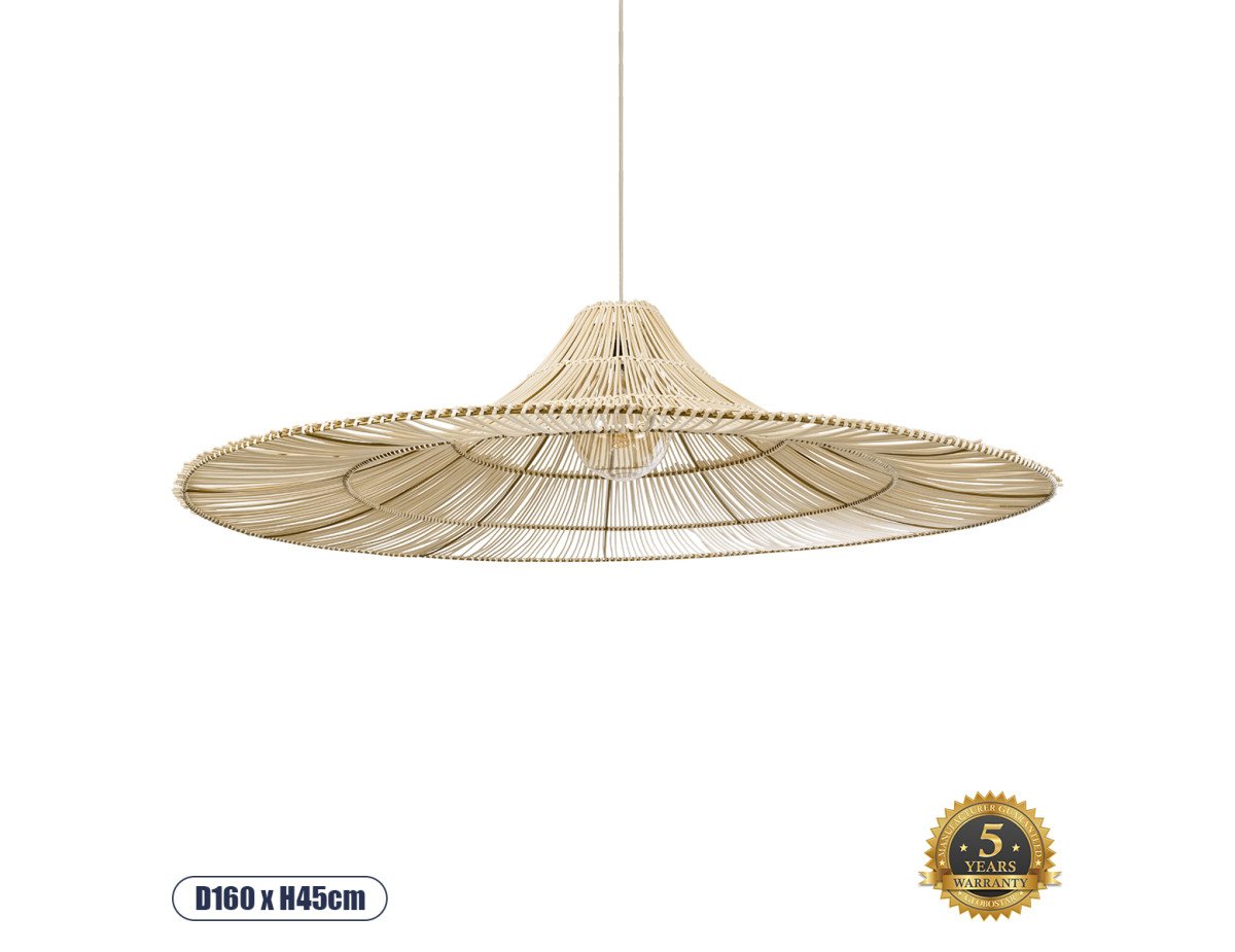 GloboStar® PALERMO 02311 Boho Κρεμαστό Φωτιστικό Οροφής Μονόφωτο 1 x E27 AC220-240V IP20 - Φ160 x Υ45cm - Μπεζ Ξύλινο Μπαμπού Πλέγμα - 5 Χρόνια Εγγύηση