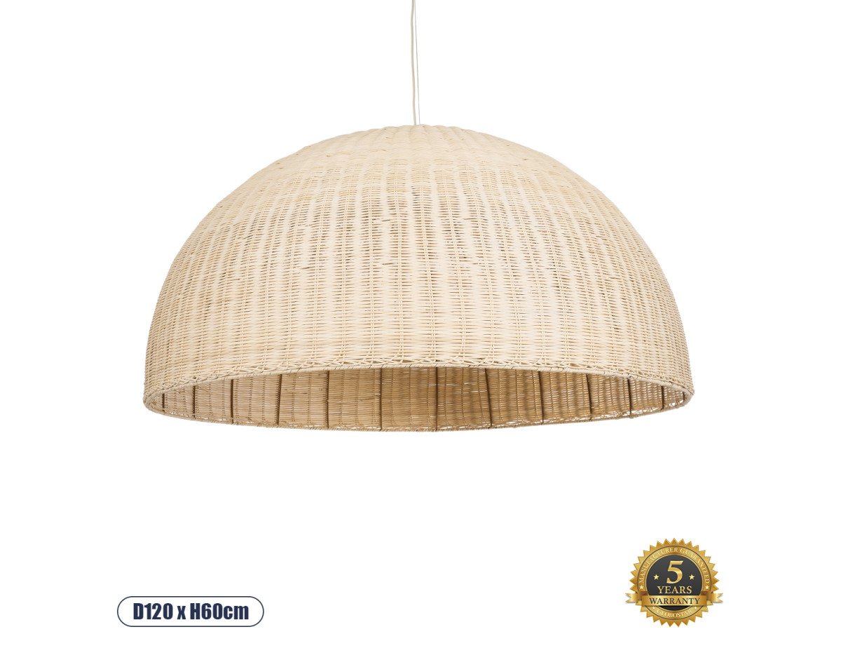 GloboStar® MONTANA 02380 Boho Κρεμαστό Φωτιστικό Οροφής Μονόφωτο 1 x E27 AC220-240V IP20 - Φ120 x Υ60cm - Μπεζ Μπαμπού Πλέγμα Καμπάνα