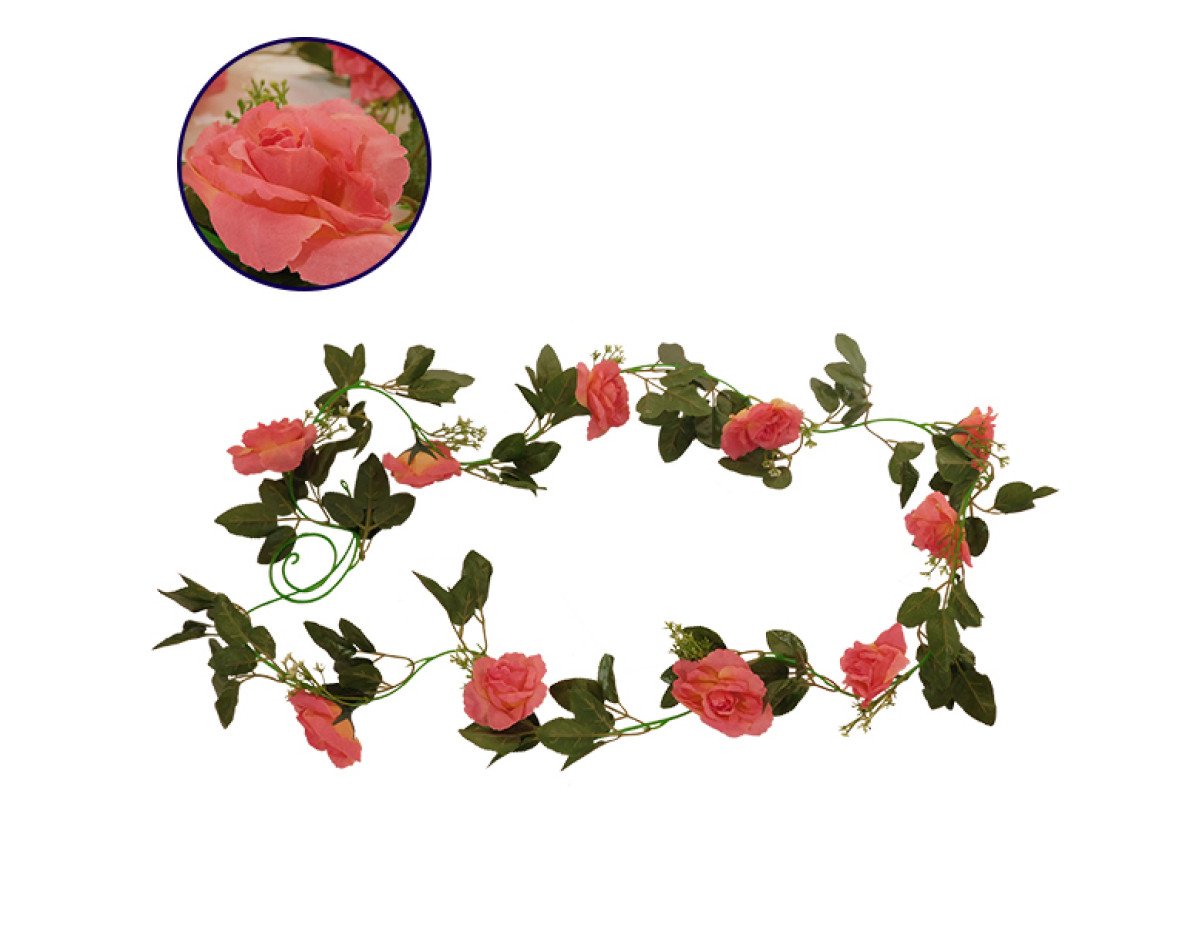 GloboStar® 09001 Τεχνητό Κρεμαστό Φυτό Διακοσμητική Γιρλάντα Μήκους 2.2 μέτρων με 10 X Μεγάλα Τριαντάφυλλα Κοραλί