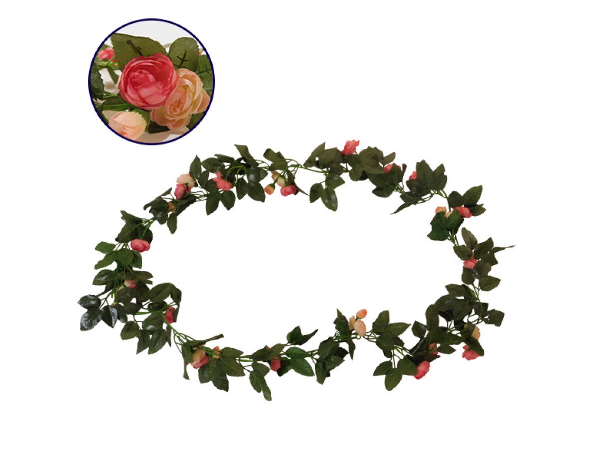 GloboStar® 09009 Τεχνητό Κρεμαστό Φυτό Διακοσμητική Γιρλάντα Μήκους 2.2 μέτρων με 32 X Μικρά Τριαντάφυλλα Σομόν Κοραλί