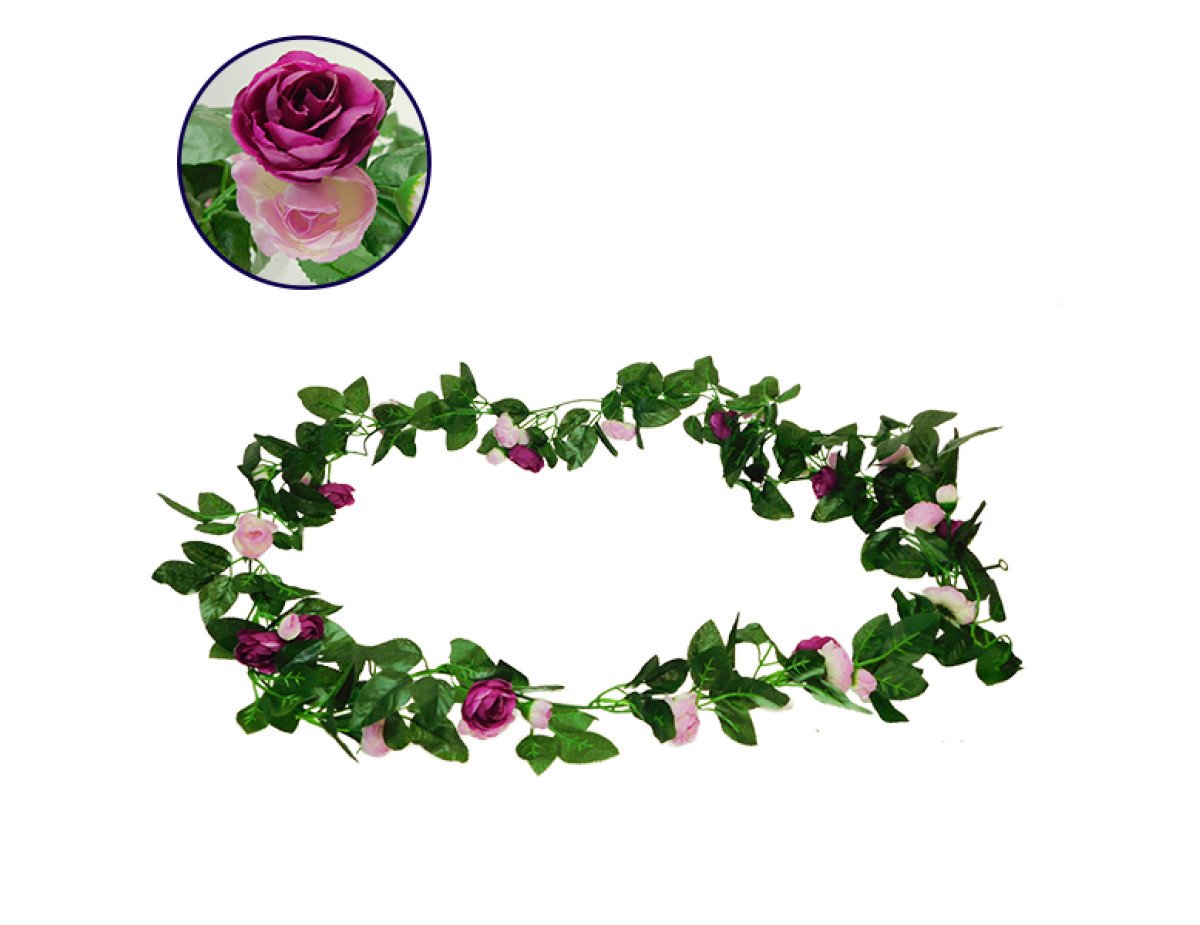 GloboStar® 09010 Τεχνητό Κρεμαστό Φυτό Διακοσμητική Γιρλάντα Μήκους 2.2 μέτρων με 32 X Μικρά Τριαντάφυλλα Μωβ