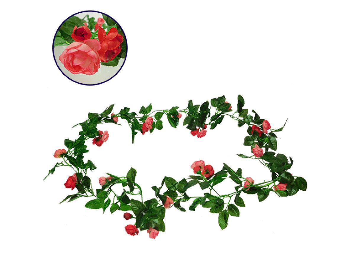 GloboStar® 09011 Τεχνητό Κρεμαστό Φυτό Διακοσμητική Γιρλάντα Μήκους 2.2 μέτρων με 32 X Μικρά Τριαντάφυλλα Ροζ Κοραλί