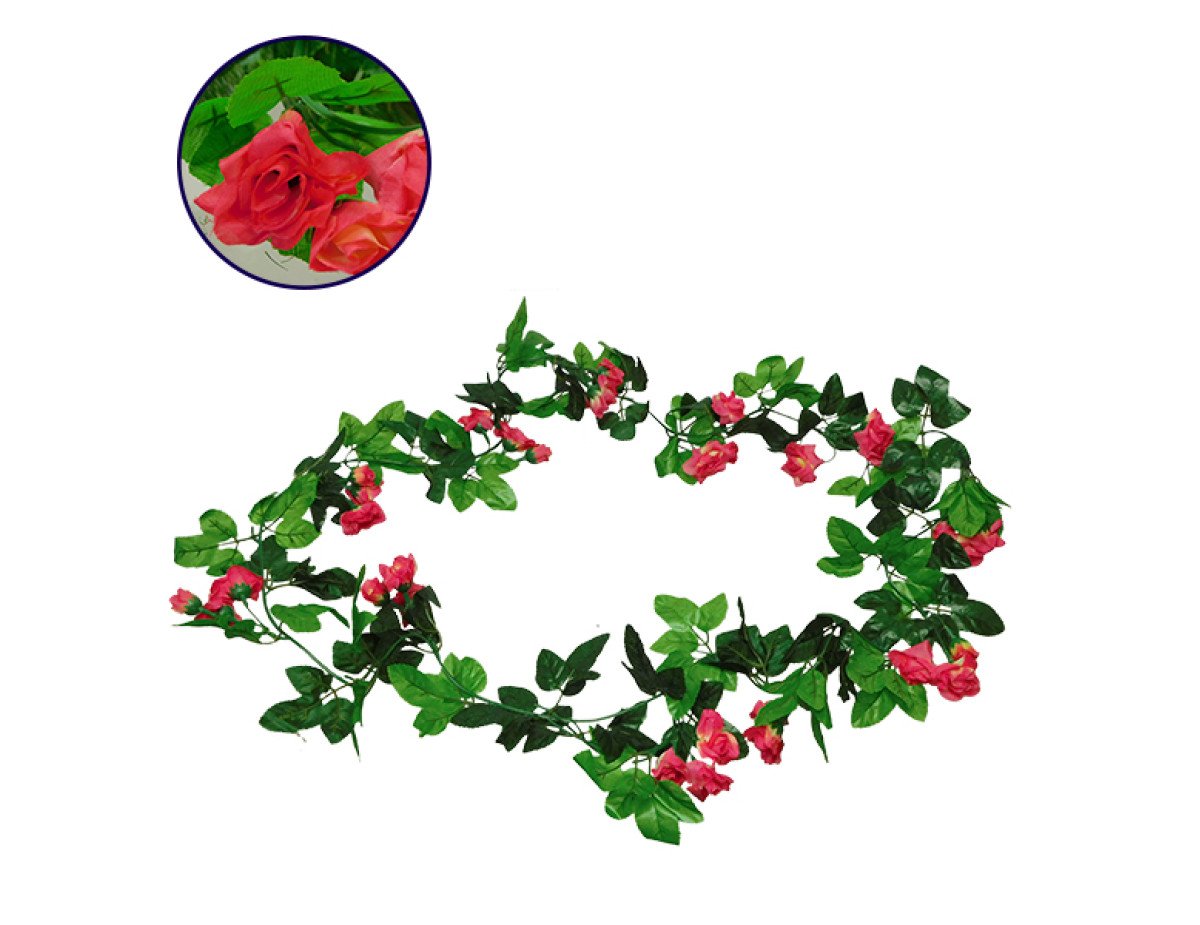 GloboStar® 09017 Τεχνητό Κρεμαστό Φυτό Διακοσμητική Γιρλάντα Μήκους 2.2 μέτρων με 33 X Μικρά Τριαντάφυλλα Φούξια