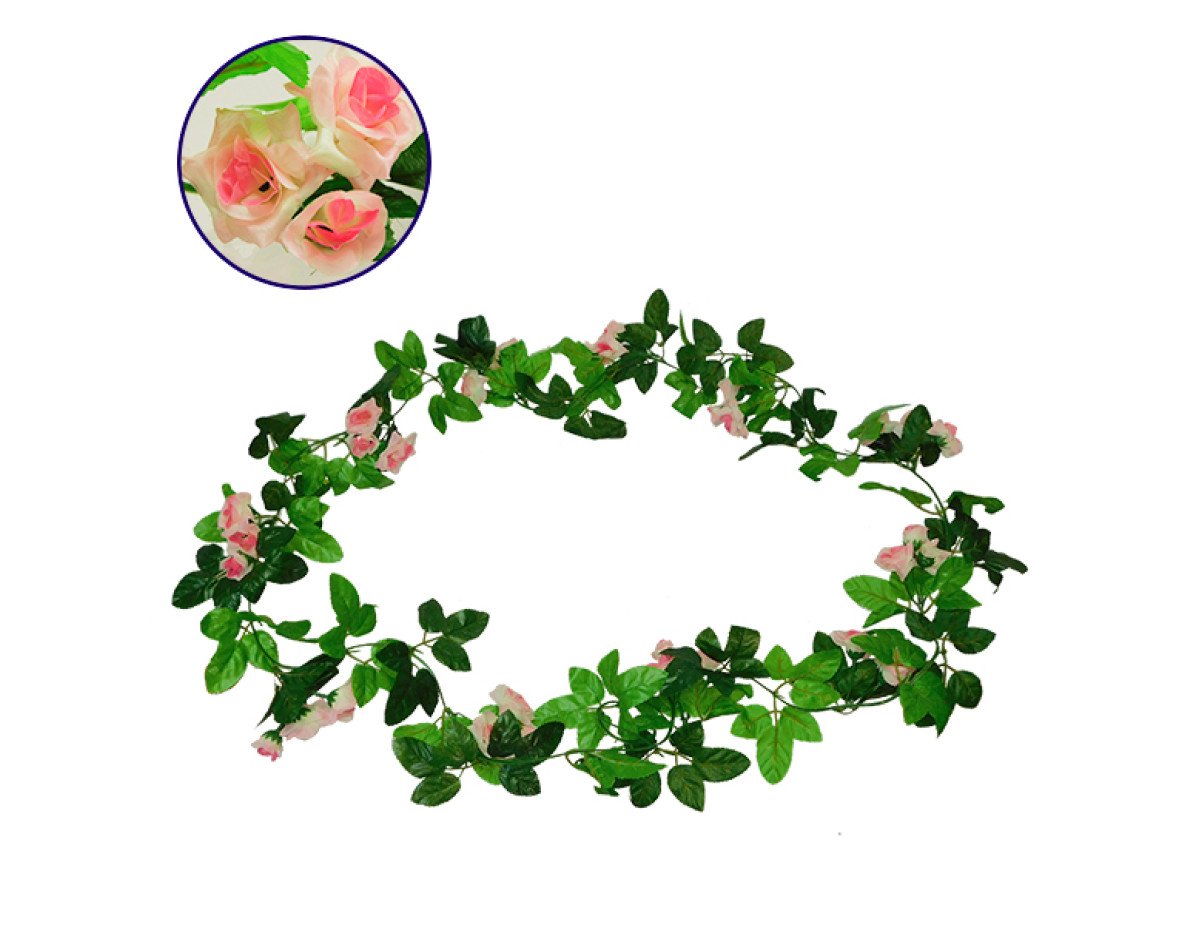 GloboStar® 09018 Τεχνητό Κρεμαστό Φυτό Διακοσμητική Γιρλάντα Μήκους 2.2 μέτρων με 33 X Μικρά Τριαντάφυλλα Ροζ Λευκά
