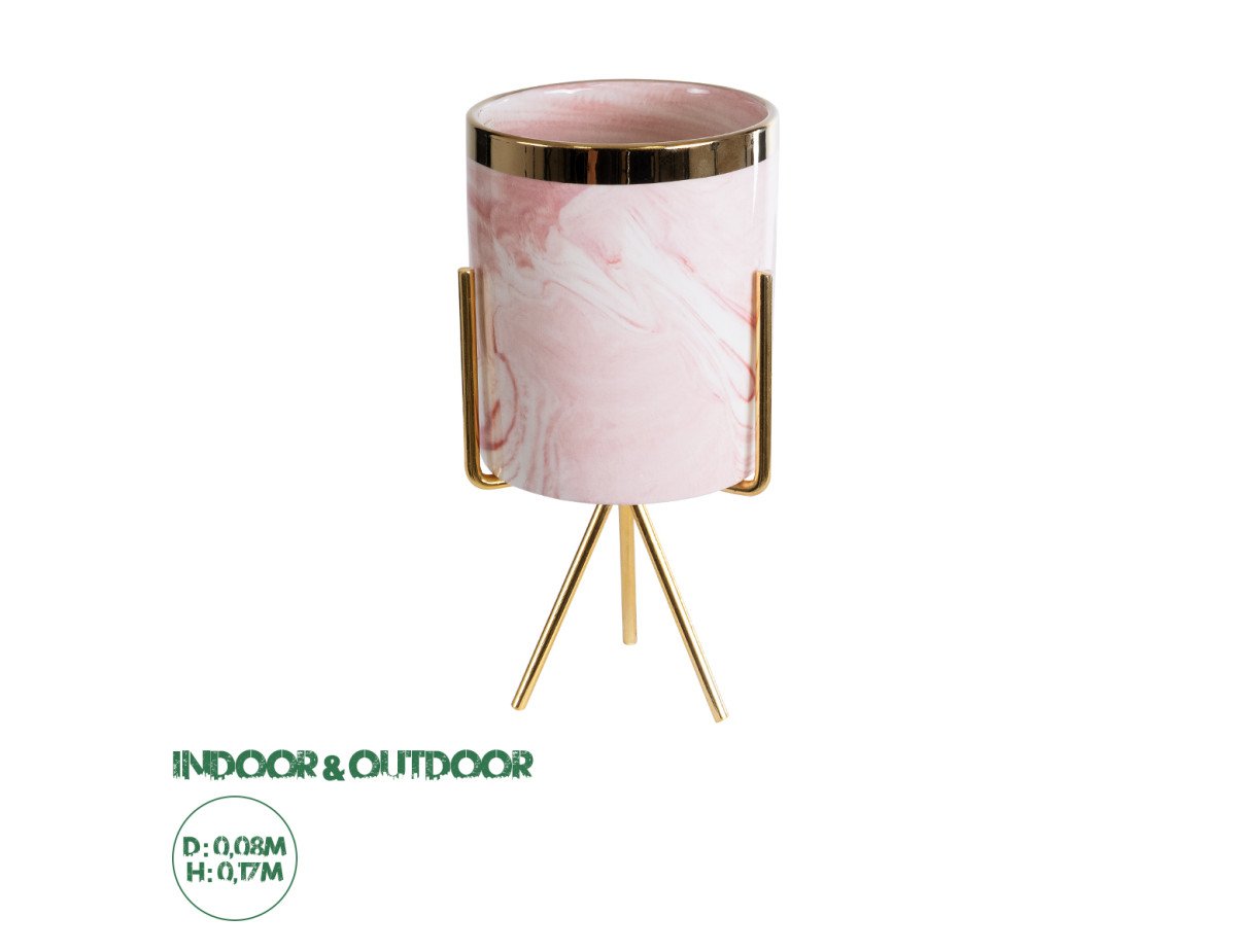 GloboStar® Artificial Garden COLORADO 20566 Διακοσμητικό Κεραμικό Κασπώ Γλάστρα - Flower Pot Ροζ με Χρυσή Μεταλλική Βάση και Λευκές Λεπτομέρειες Φ8 x Υ17cm