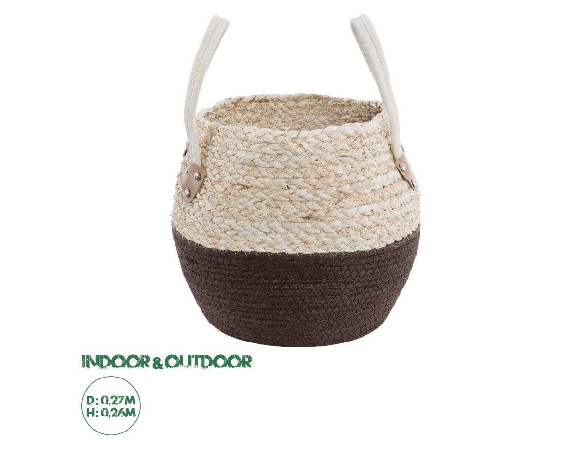 GloboStar® Artificial Garden CAROLINA 20579 Διακοσμητικό Πλεκτό Κασπώ Γλάστρα - Flower Pot Μπεζ με Καφέ και Λευκό Φ27 x Υ26cm