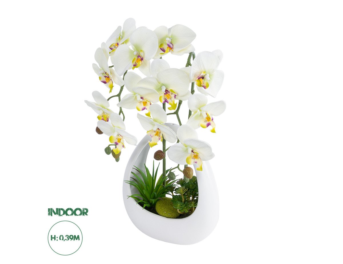 GloboStar® Artificial Garden WHITE ORCHID 21128 Διακοσμητικό Φυτό Λευκή Ορχιδέα Υ39cm