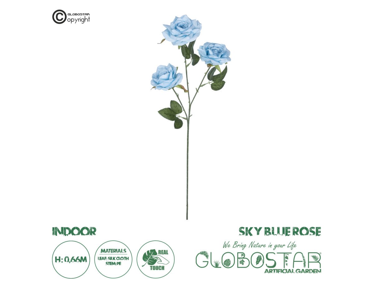 GloboStar® Artificial Garden SKY BLUE CLIMBING ROSE BRANCH 21191 Τεχνητό Διακοσμητικό Κλαδί Τριαντάφυλλο Ξεθωριασμένο Γαλάζιο Y66cm