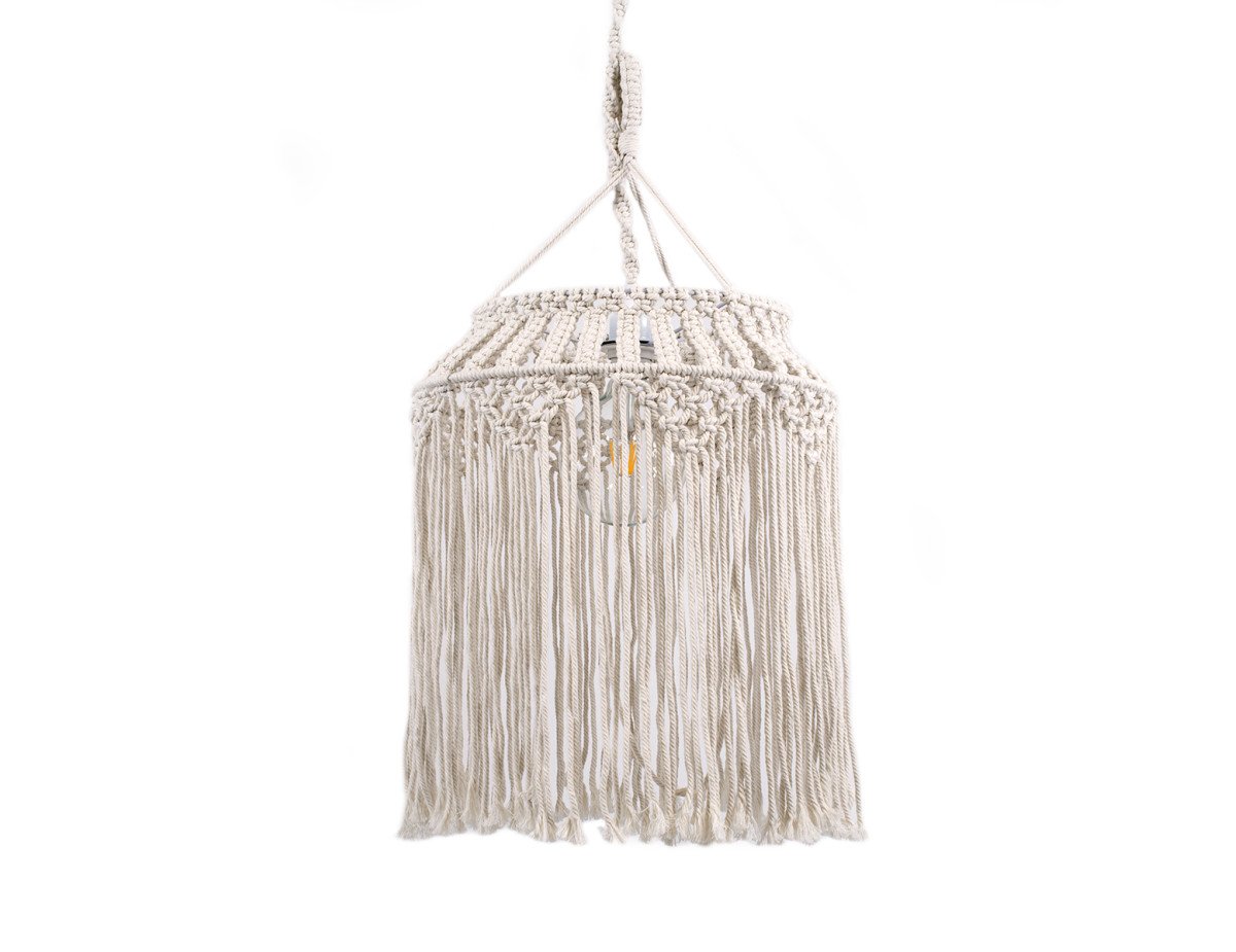 GloboStar® ALGERIA 36202 Boho - Μακραμέ - Macrame Κρεμαστό Φωτιστικό Οροφής Μονόφωτο 1 x E27 Πλεκτό Χειροποίητο Μπεζ Υφασμάτινο με Σχοινί Φ40 x Υ50cm