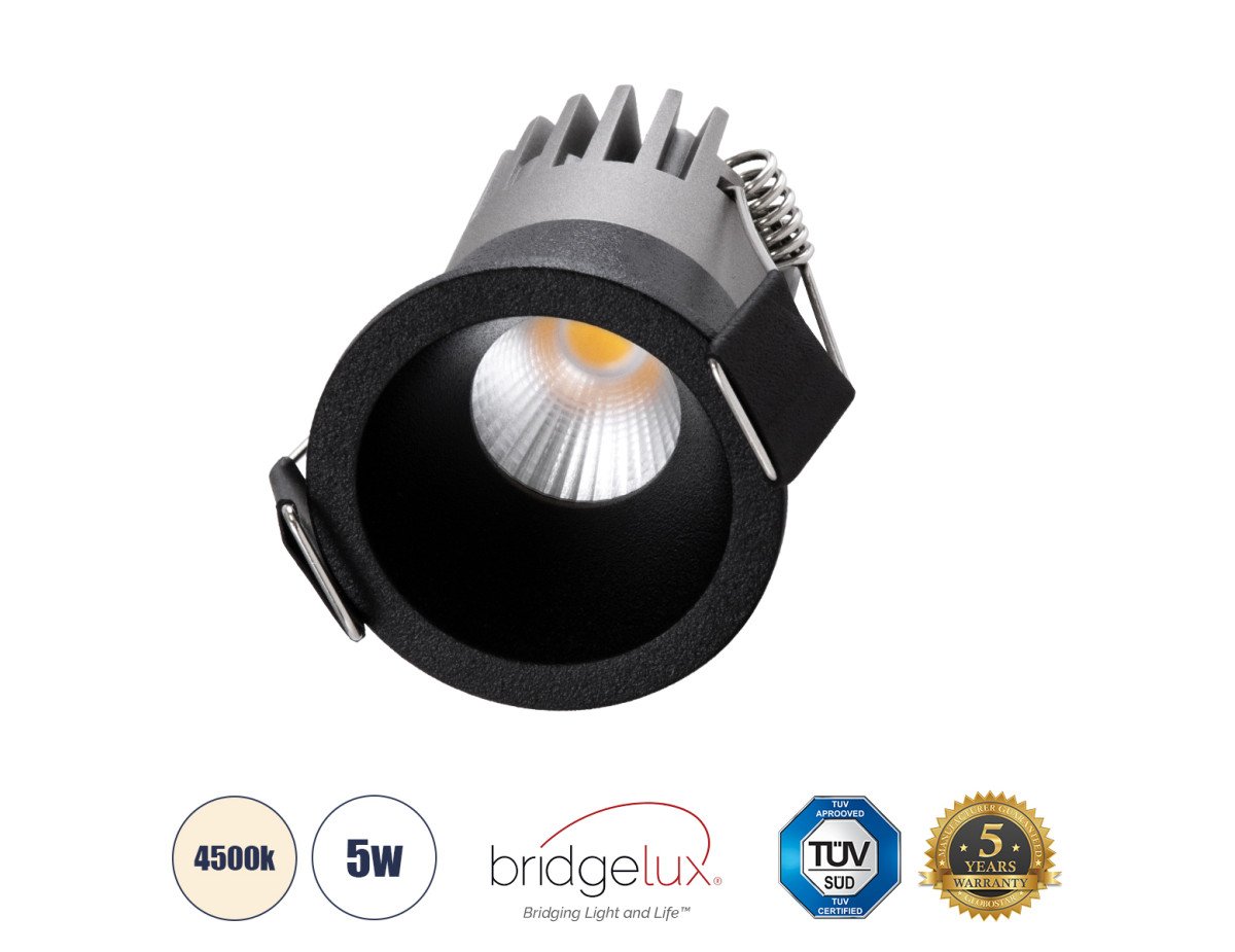 GloboStar® MICRO-S 60238 Χωνευτό LED Spot Downlight TrimLess Φ4cm 5W 650lm 38° AC 220-240V IP20 Φ4 x Υ5.9cm - Στρόγγυλο - Μαύρο - Φυσικό Λευκό 4500K - Bridgelux COB - 5 Years Warranty